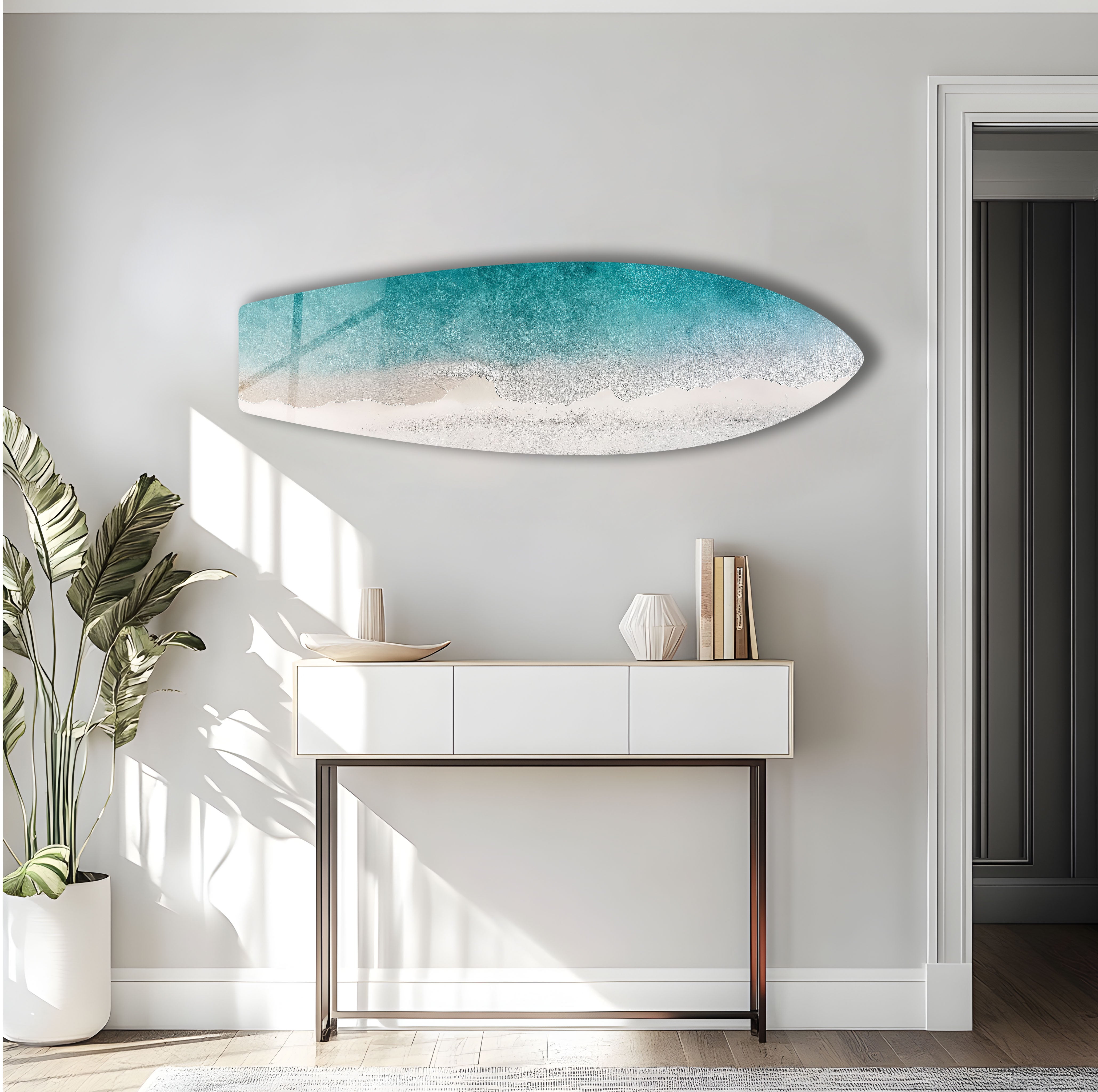Azure Shoreline Surfboard Wall Art - Coastal Beach Decor for Living Room, Bedroom & Office | Handmade Wooden Surfboard Wall Hanging | Nautical Theme Home Decoration