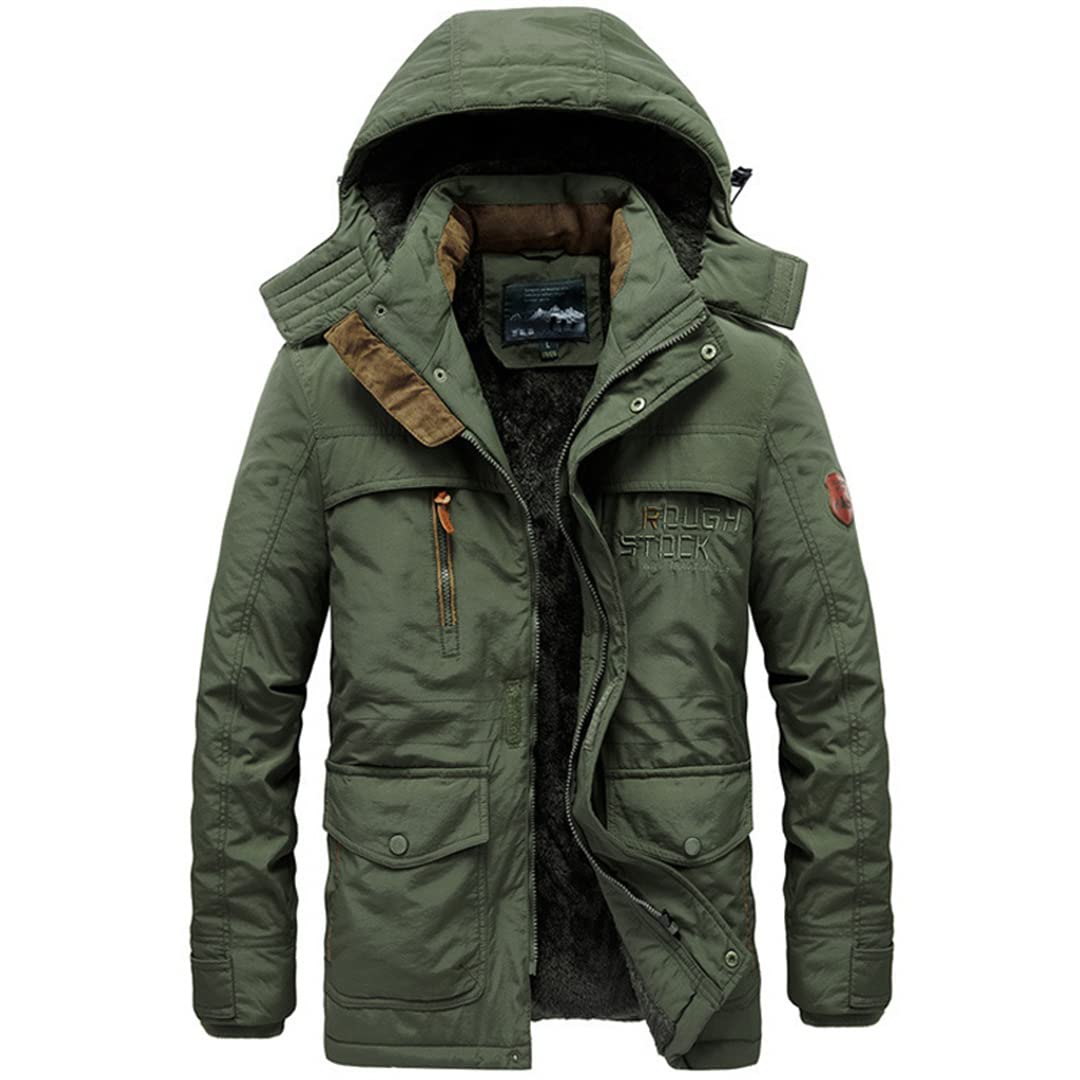 Men's Winter Parka Jacket with Detachable Hood - Velvet Lined, Thickened Windproof Warm Coat for Outdoor Activities & Cold Weather