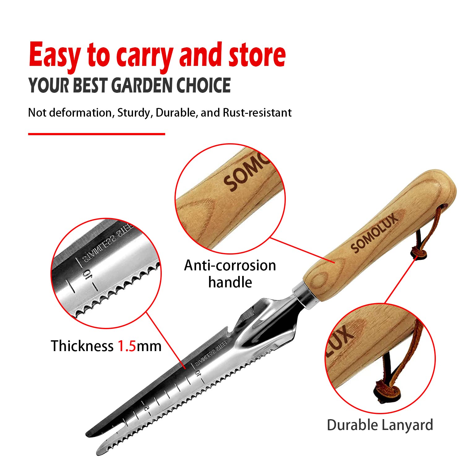 SOMOLUX Stainless Steel Garden Tool Set - Multi-Function Shovel, Hand Weeder, Soil Knife with Wood Handle for Planting, Weeding, Digging, Transplanting & Cutting | Perfect for Home Gardening, Landscaping & Outdoor Activities
