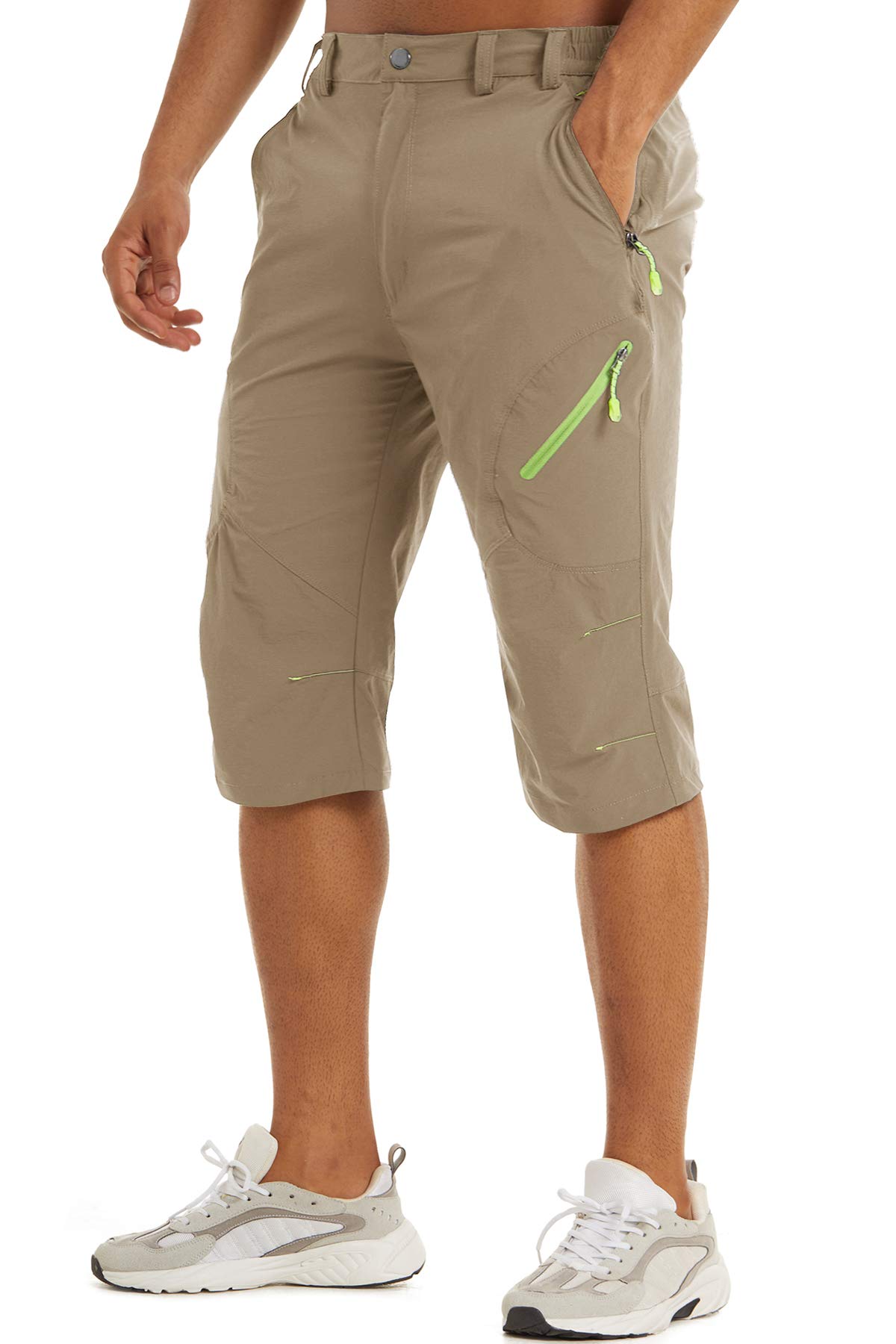 TACVASEN Men's 3/4 Hiking Cargo Shorts - Khaki Outdoor Adventure Pants with Multiple Pockets | Perfect for Hiking, Camping & Travel