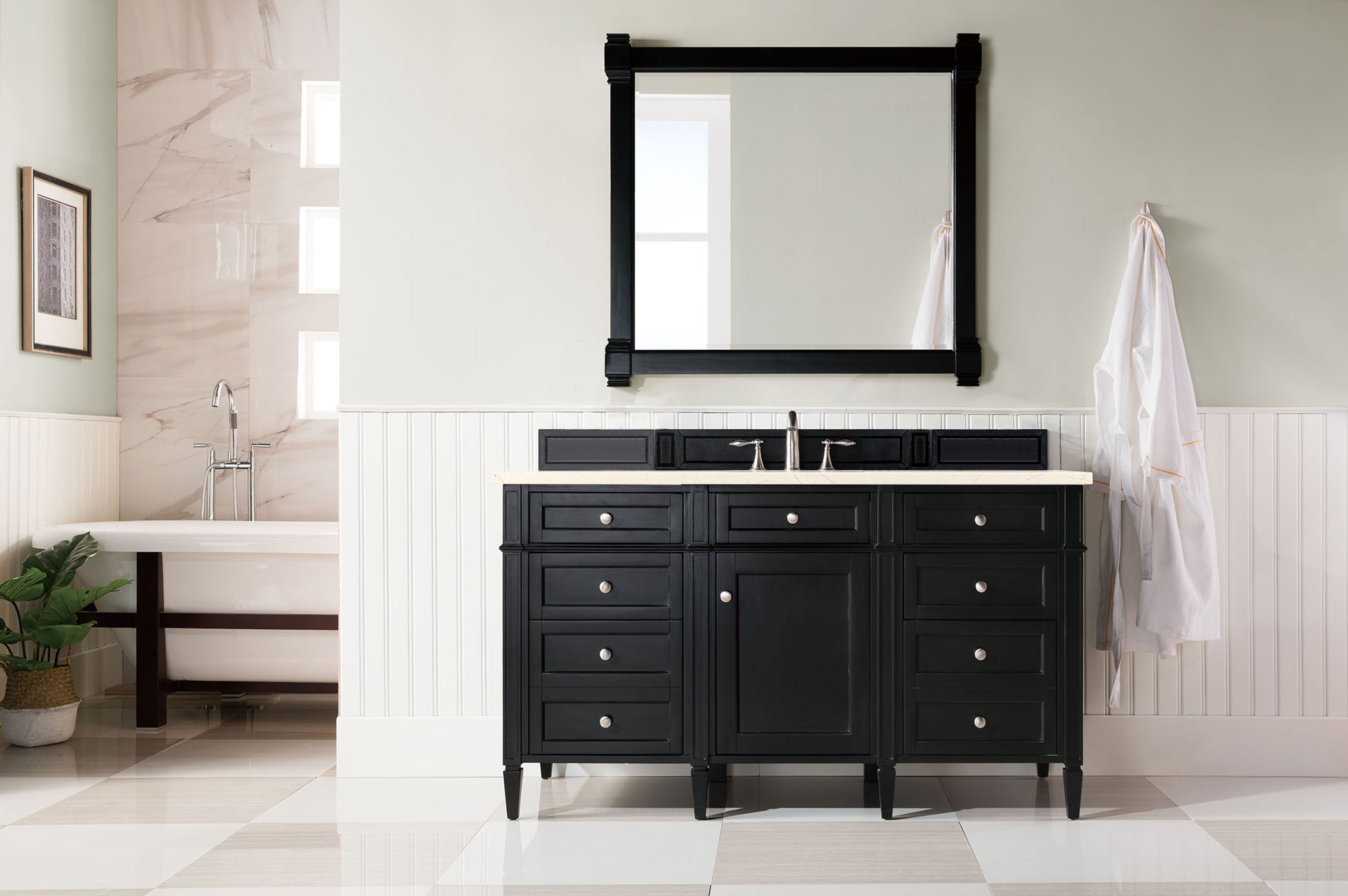 Brittany 60 Inch Single Bathroom Vanity in Black Onyx with 3CM Eternal Marfil Quartz Countertop - Perfect for Modern Master Bathroom or Powder Room Renovation
