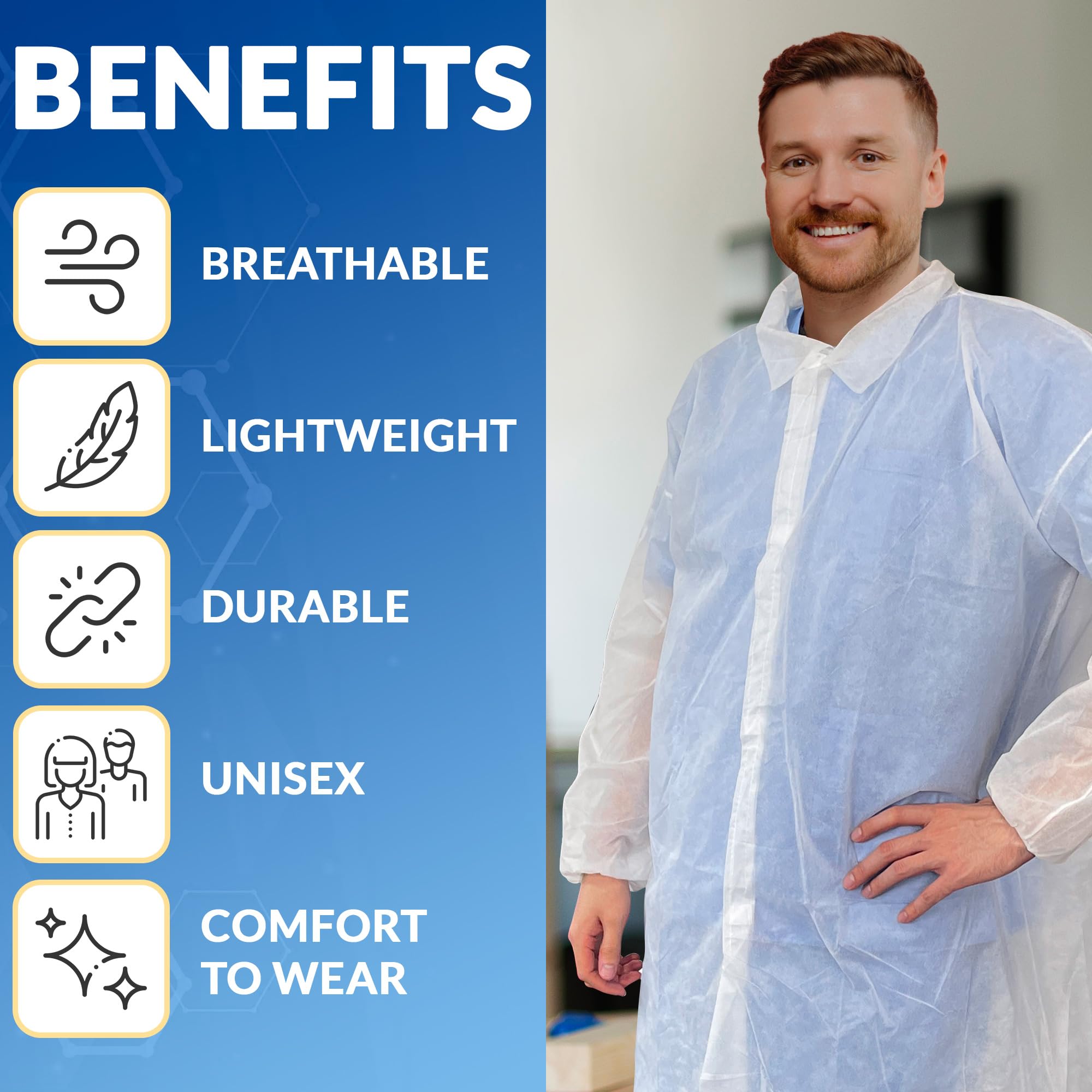 Disposable Lab Coats for Adults - 3X-Large, Pack of 25 White Polypropylene Medical Coats (30 GSM) with Elastic Cuffs & 4 Snaps - Ideal for Healthcare Workers, Laboratories, Cleanrooms & Food Service Industry