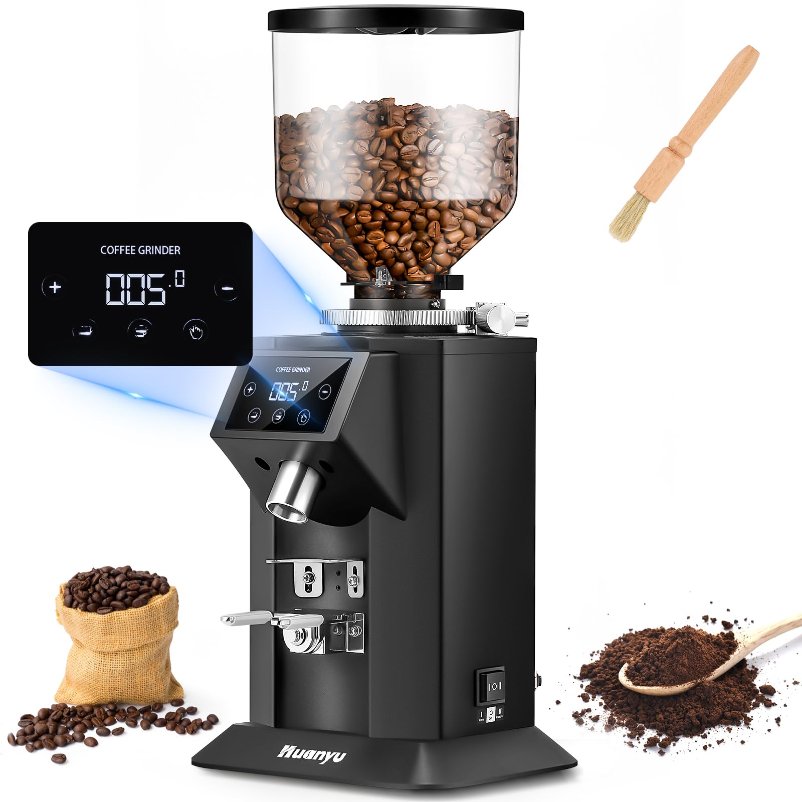 Huanyu Professional Electric Coffee Grinder - 74mm Flat Burr, 53oz Bean Hopper, 15 Infinite Grinding Settings, Touch Screen Display (Black) - Perfect for Espresso, French Press & Pour Over Coffee Brewing at Home or Cafe