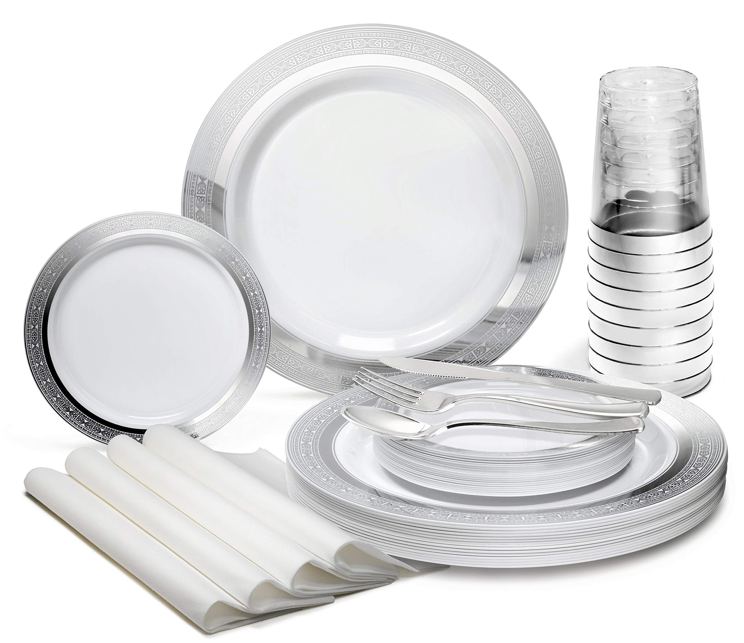 280-Piece Heavyweight Disposable Plastic Plate Set for Weddings & Parties - 40 x 10.5'' Dinner Plates + 40 x 6.25'' Dessert Plates + Silverware + Cups + Napkins (White & Silver) - Elegant Tableware for 40 Guests - Perfect for Wedding Receptions, Bridal Showers & Formal Events