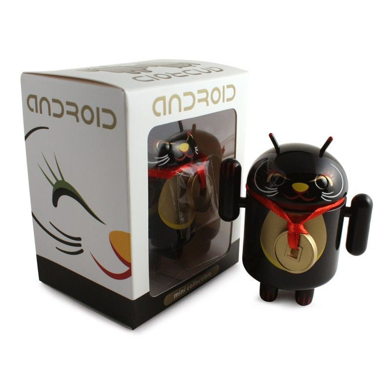 Black Lucky Cat with Collar Coin - Android Mini Collectible Lucky Cat Series for Home Decor, Office Desk, and Good Luck Charm | Feng Shui Gift
