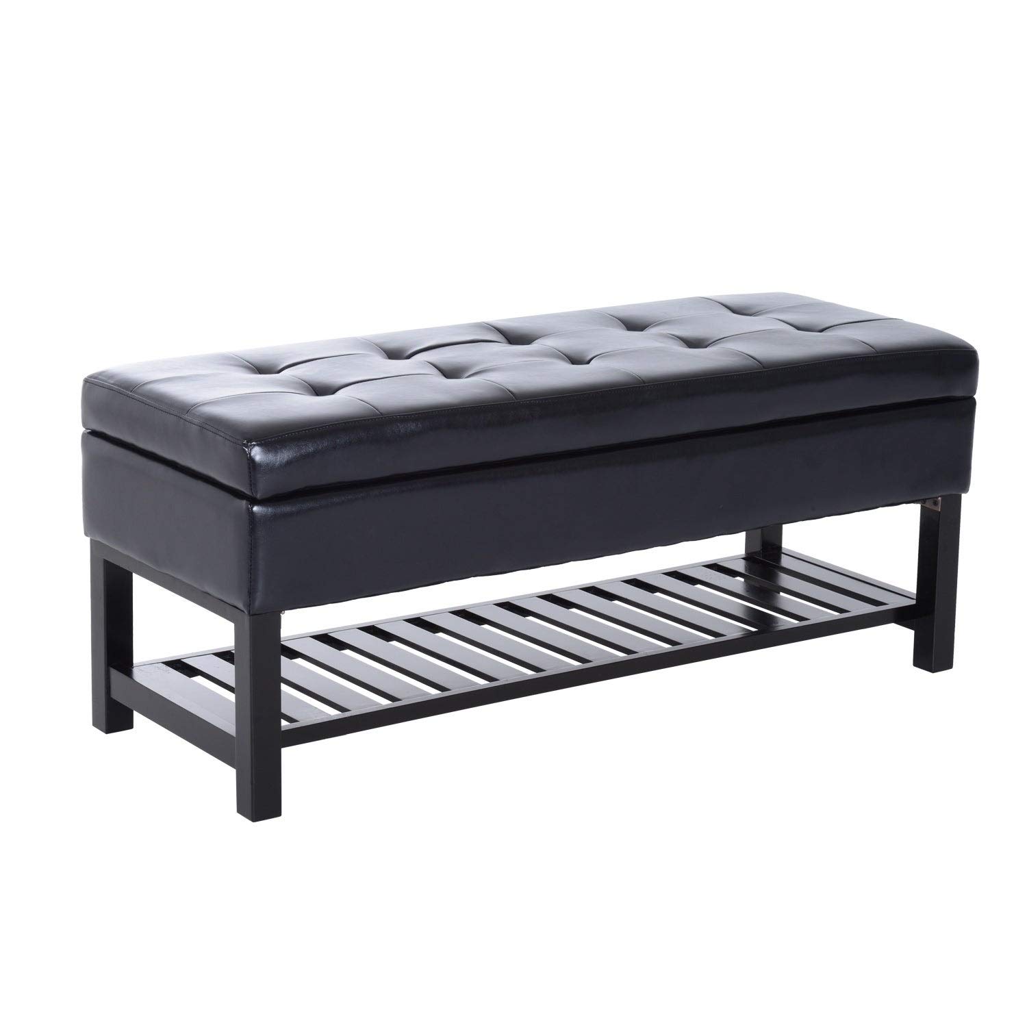 44-inch Black PU Leather Tufted Shoe Storage Bench Ottoman - Modern Contemporary Faux Leather Entryway Seating with Storage - Perfect for Hallway, Bedroom, or Closet Organization