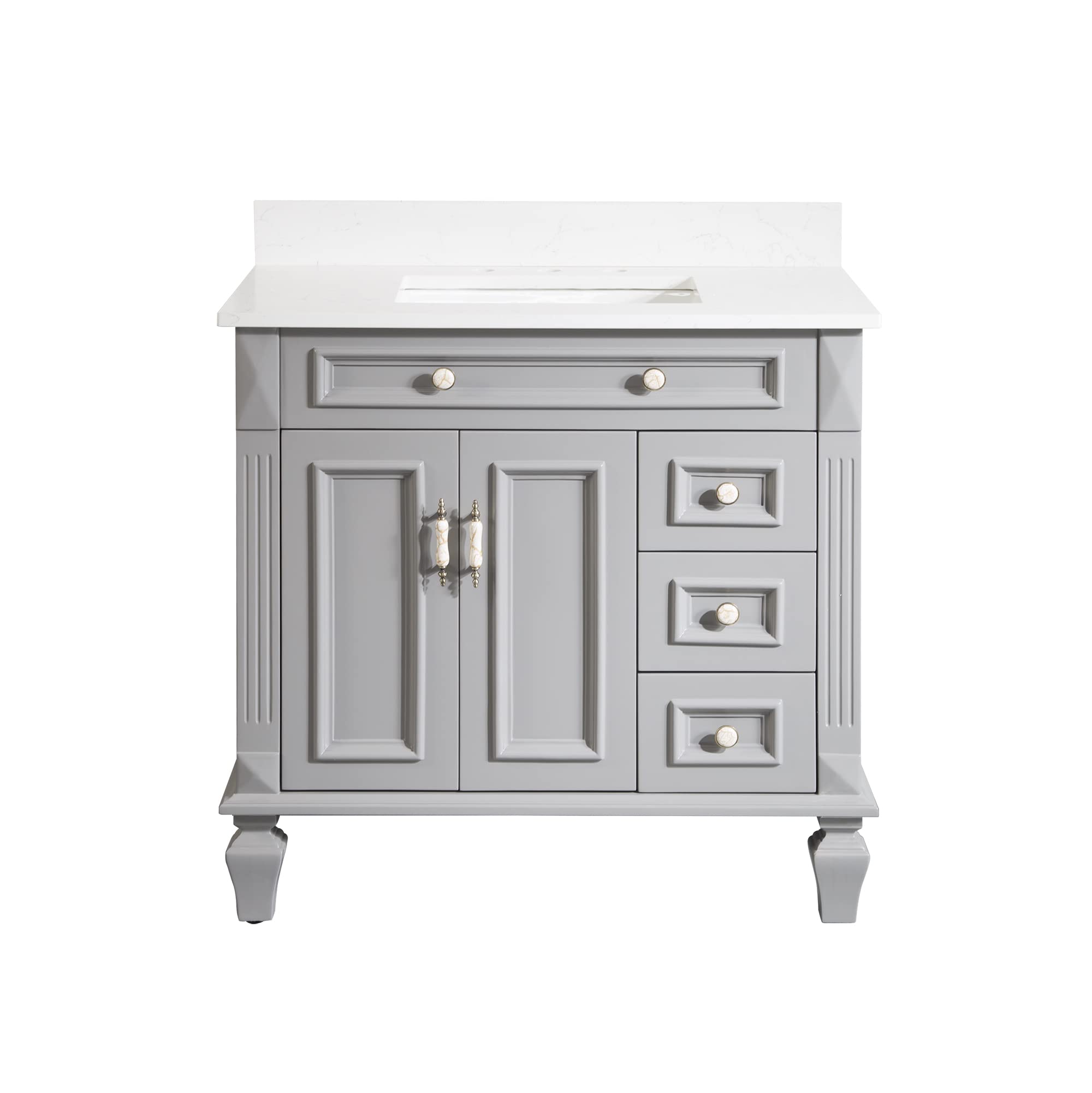 WELLFOR 36 Inch Bathroom Vanity with Sink - Solid Wood Makeup Cabinet with 2 Doors & 3 Drawers, Storage Organizer with Carrara White Marble Countertop & Sink Set in Titanium Grey - Perfect for Modern Bathrooms, Powder Rooms & Master Bath Suites