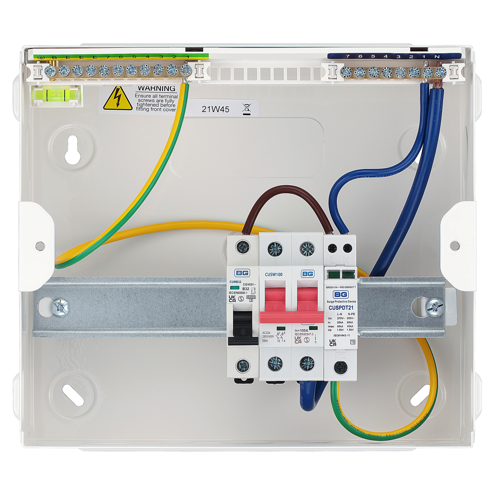 BG Fortress 5 Way 100A Main Switch Consumer Unit with SPD CFUSW05SPD - Electrical Distribution Panel for Home & Commercial Use - Perfect for Power Management in Residential Buildings, Offices, and Workshops