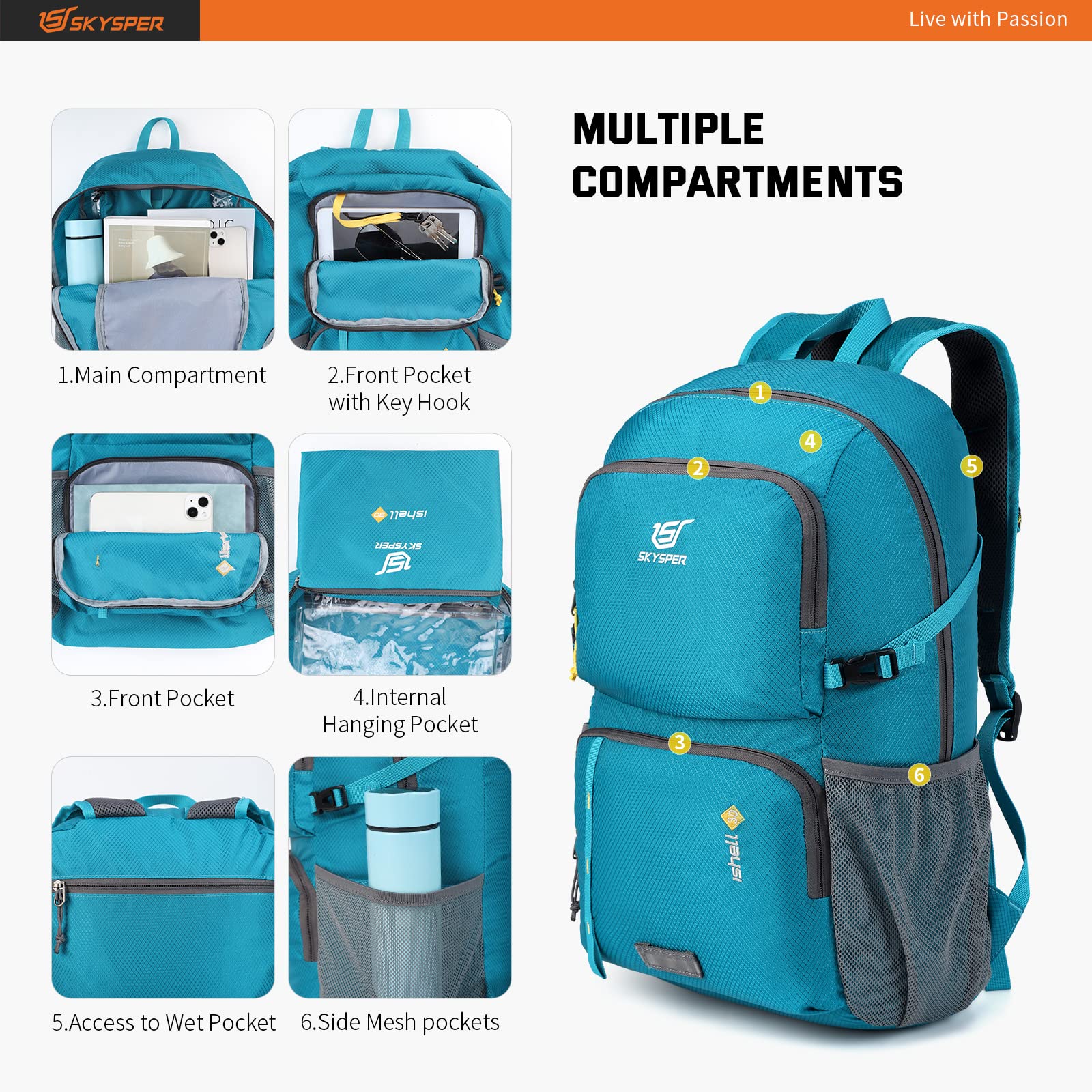 SKYSPER 30L Lightweight Packable Backpack - Waterproof Hiking Daypack with Wet Pocket, Foldable Travel Carry-on Backpack for Women & Men - Perfect for Outdoor Adventures, Gym, School & Daily Commute
