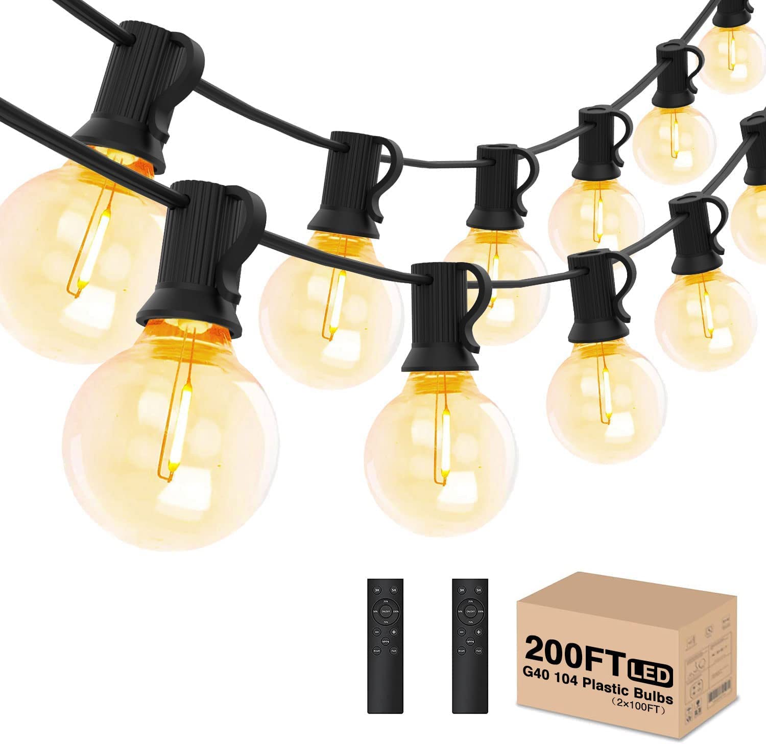 200FT Outdoor String Lights with Remote - Dimmable Shatterproof Weatherproof LED Patio Lights, G40 Globe Hanging Lights with 104 Plastic Bulbs for Backyard, Garden, Cafe, Wedding & Party Decor (2×100FT)