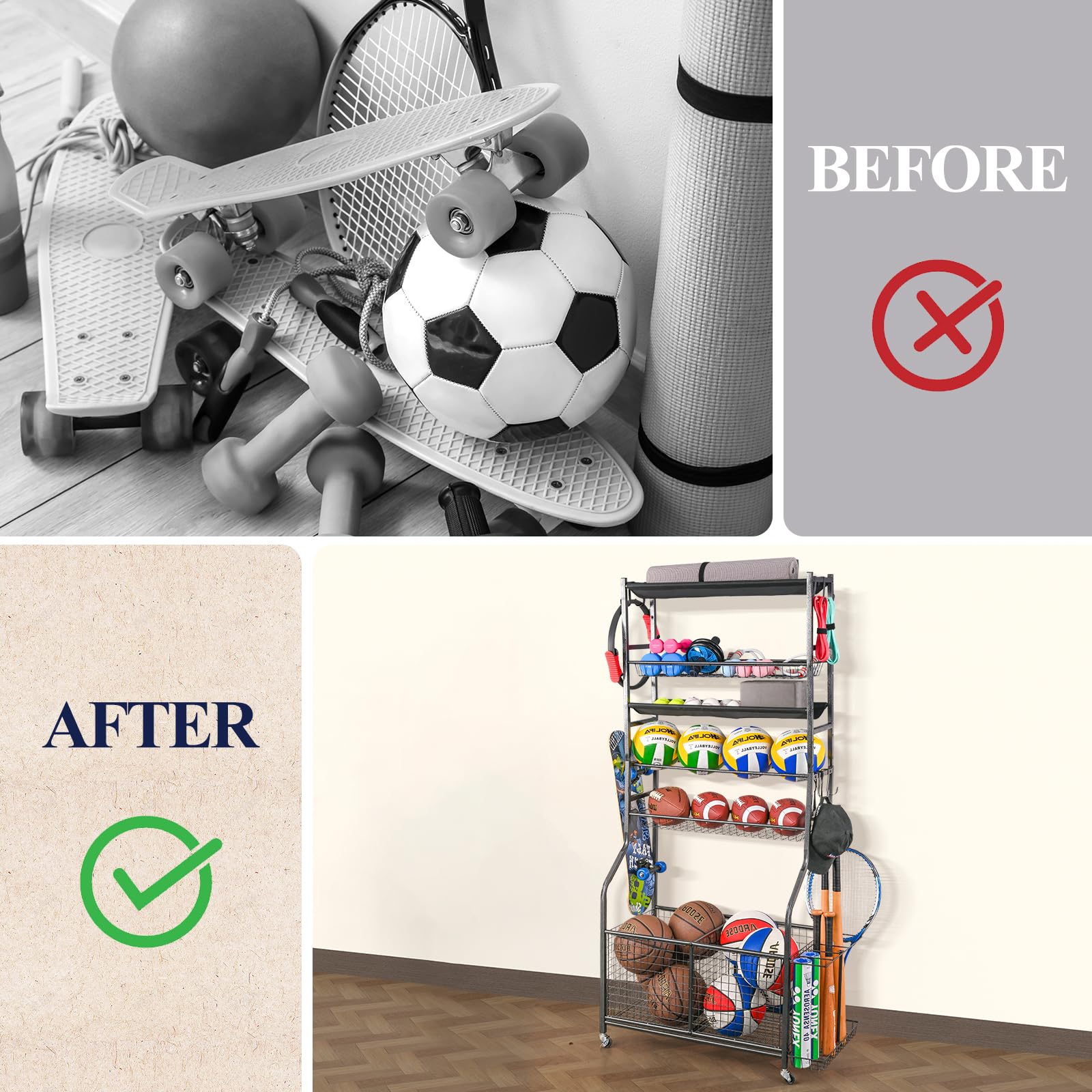 Mythinglogic Sports Equipment Garage Organizer - Rolling Ball Cart with Wheels for Basketball, Soccer, Football Storage | Indoor & Outdoor Sports Gear & Toy Organizer | Perfect for Garage, Basement, Backyard, and Playroom Organization