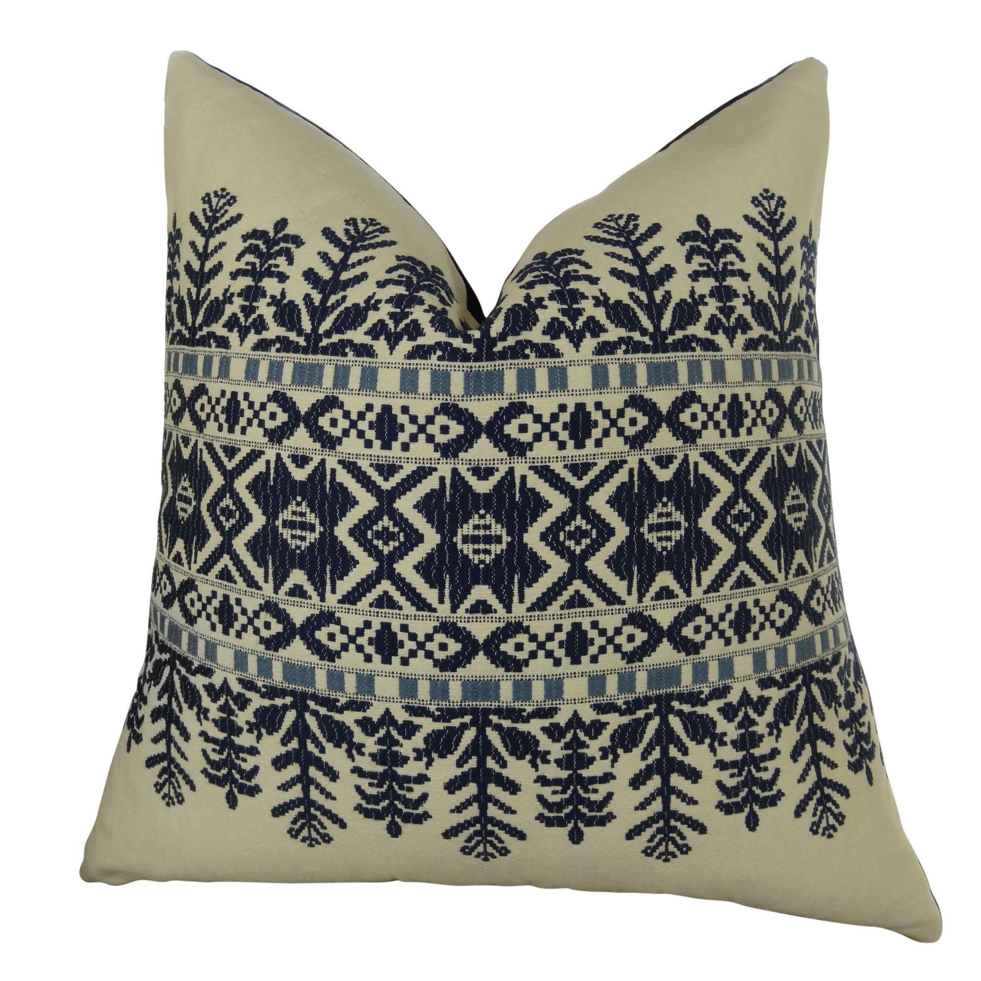 Aztec Navy Blue White Tribal Throw Pillow - Handmade Embroidered Decorative Cushion Cover for Sofa, Bed, Living Room - US Made Home Decor Gift