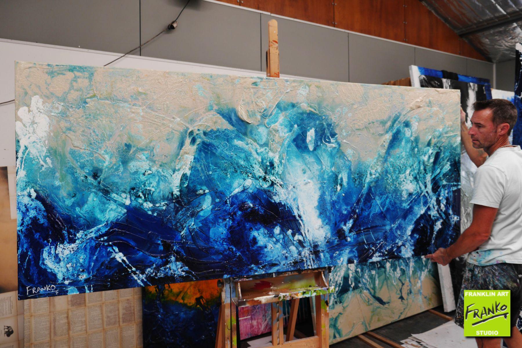 Freedom 240cm x 100cm Cream Blue Textured Abstract Canvas Wall Art - Perfect for Living Room, Bedroom & Office Decor