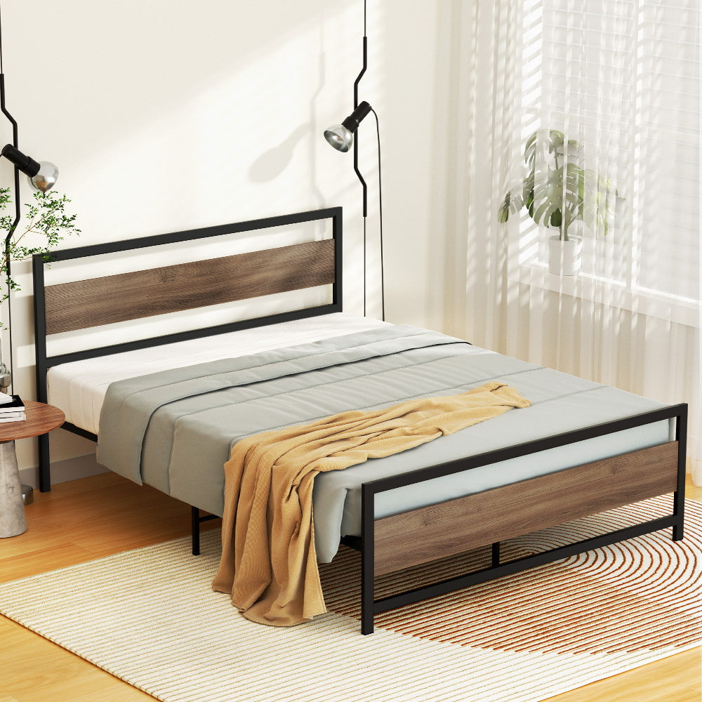 Industrial Style Queen Metal Bed Frame with Wood Accents - Sturdy & Elegant Black Bed Frame for Bedroom, Guest Room, or Dorm