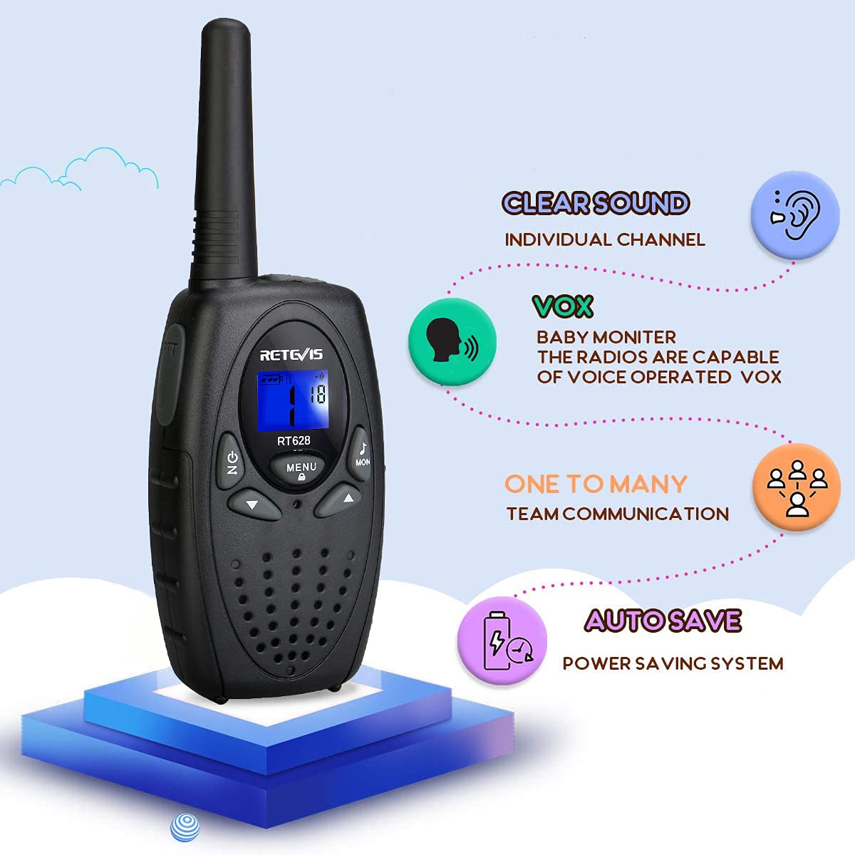 Retevis RT628 Kids Walkie Talkies - 2 Way Radios for Boys & Girls Ages 6-12, Long Range Communication Toys for Outdoor Play, Camping, Hiking & Birthday Gifts (Black, 1 Pair) - Perfect for Family Adventures, Backyard Fun & Emergency Preparedness