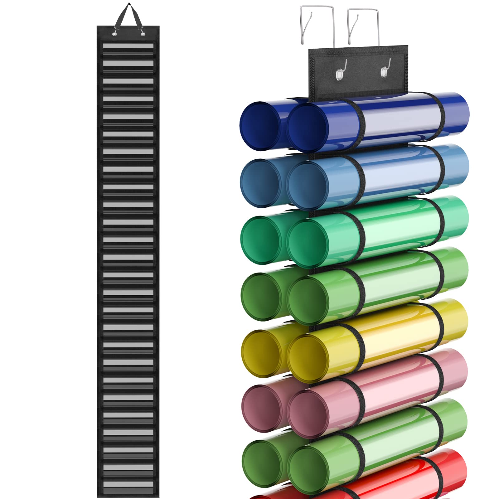 Ocheyu 52-Compartment Vinyl Roll Holder - Wall Mount Clear Vinyl Organizer Storage Rack with Door Hooks & Strap for Craft Supplies | Perfect for Home Craft Room, Closet Organization & DIY Projects (Black)