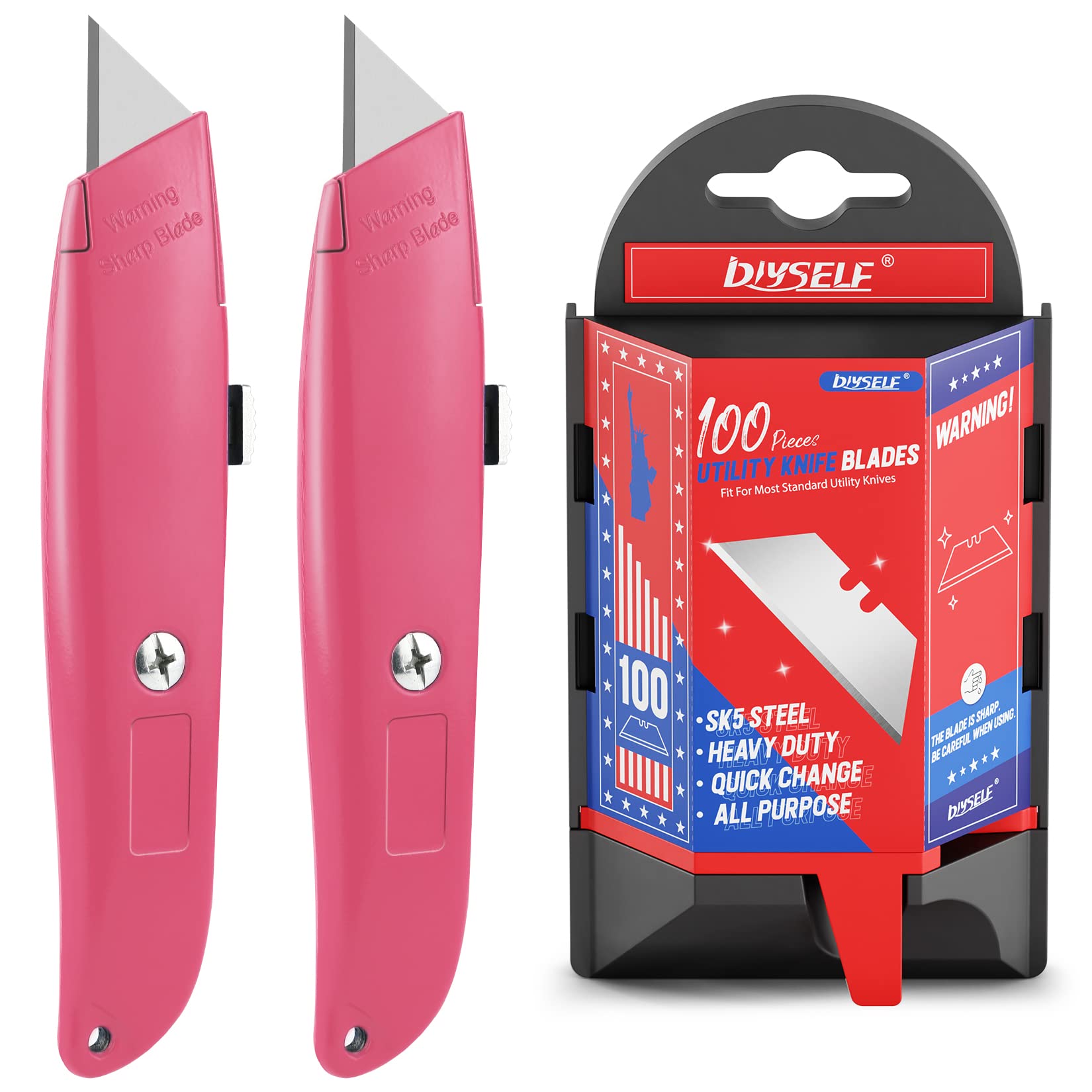 DIYSELF 2-Pack Retractable Utility Knife Box Cutter with 100-Pack Replacement Blades - Heavy Duty Cutting Tool for Shipping Packages, Cardboard, Carpentry & DIY Projects