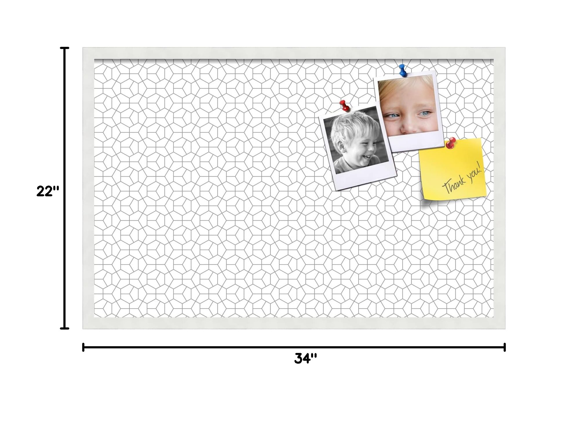 PinPix 34x22 Inch Cork Bulletin Board with Hex Grey Design & White Frame - Wall Mounted Memo Board for Home Office Decor, School Classroom, Dorm Room Organization & Message Display