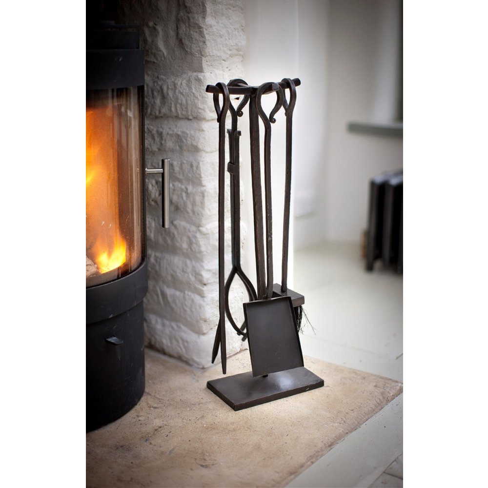 Premium Forged Fireside Tool Set - 4-Piece Heavy Duty Fireplace Poker, Shovel, Brush & Tongs - Perfect for Indoor/Outdoor Fire Pits, Wood Stoves & Camping