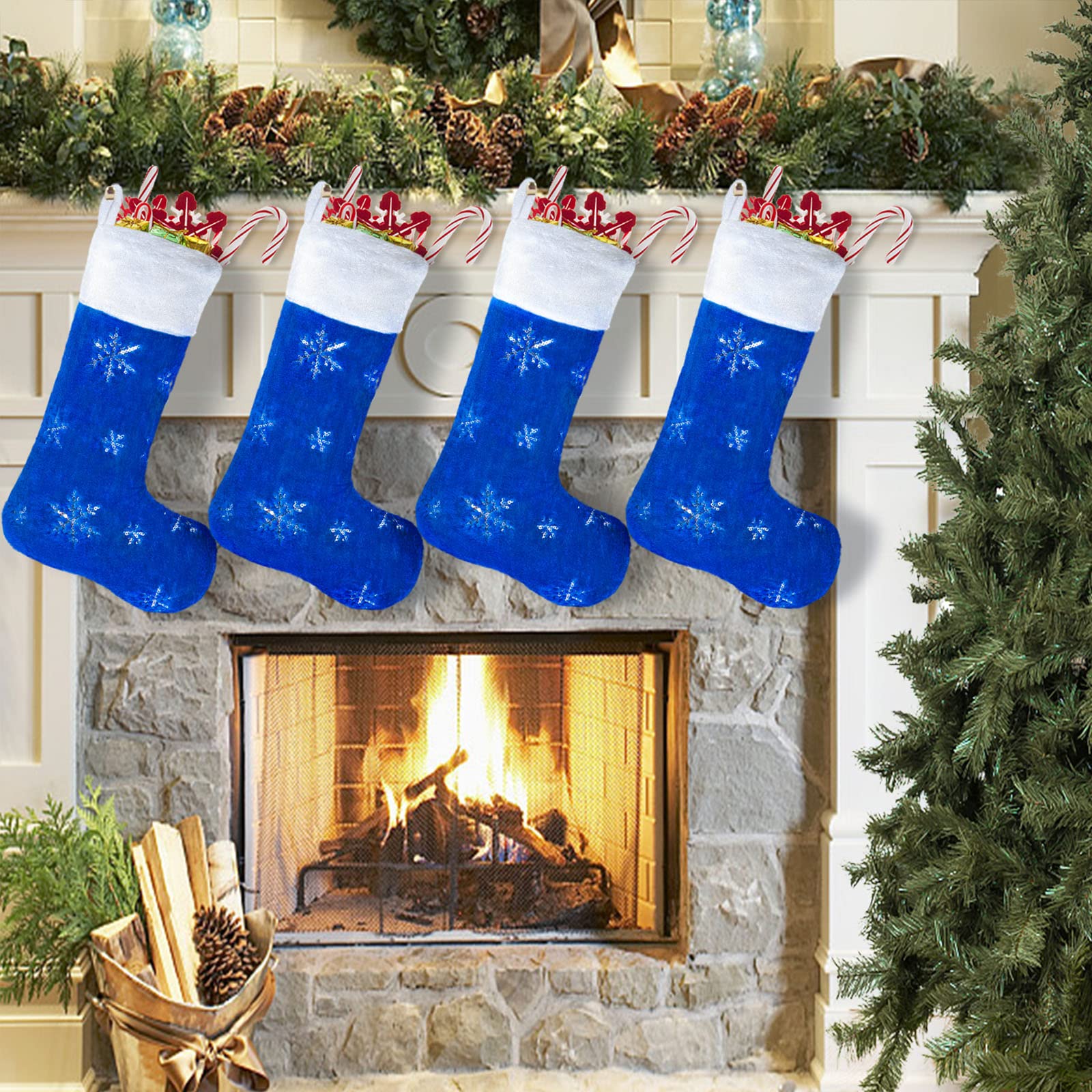 22 Inch Blue Faux Fur Christmas Stockings Set of 4 - Large Plush Holiday Stockings with Silver Sequin Snowflake Design for Fireplace, Xmas Tree, Mantel & Home Decor (56cm) - Perfect for Family Gift Exchange & Festive Holiday Decorations