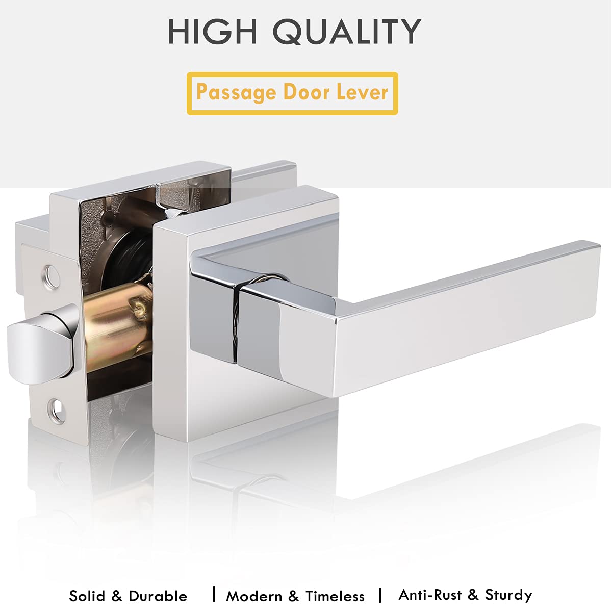 10 Pack No Lock Passage Door Lever Handle Set - Reversible for Right/Left Handed Doors - Heavy Duty Polished Chrome Square Lever - Ideal for Interior/Exterior Residential & Commercial Use - Perfect for Bedrooms, Offices, and Public Spaces
