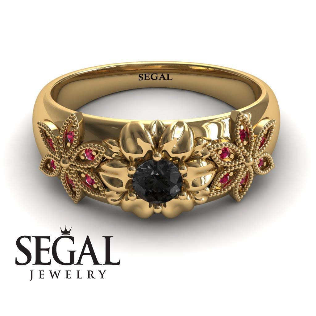 14K Yellow Gold Victorian Style Floral Engagement Ring with Black Diamond & Ruby - Elegant Wedding Band for Brides & Anniversaries - Perfect for Proposals, Romantic Gifts & Special Occasions
