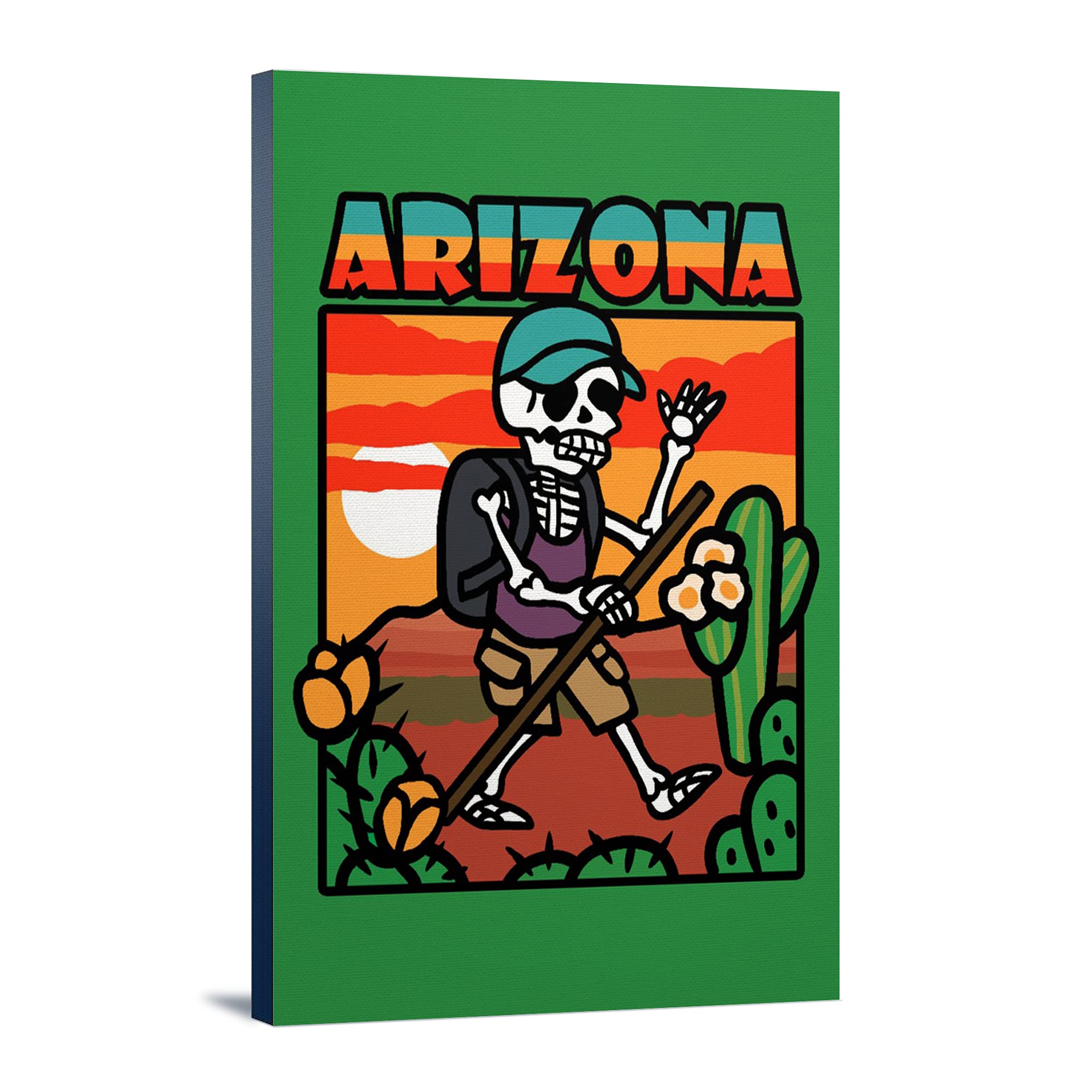 Day of the Dead Skeleton Hiking Canvas Art - Arizona Desert Landscape Wall Decor (24x36 Gallery Wrapped Stretched Canvas) - Perfect for Halloween Decor, Southwest Home Decor & Gothic Living Room