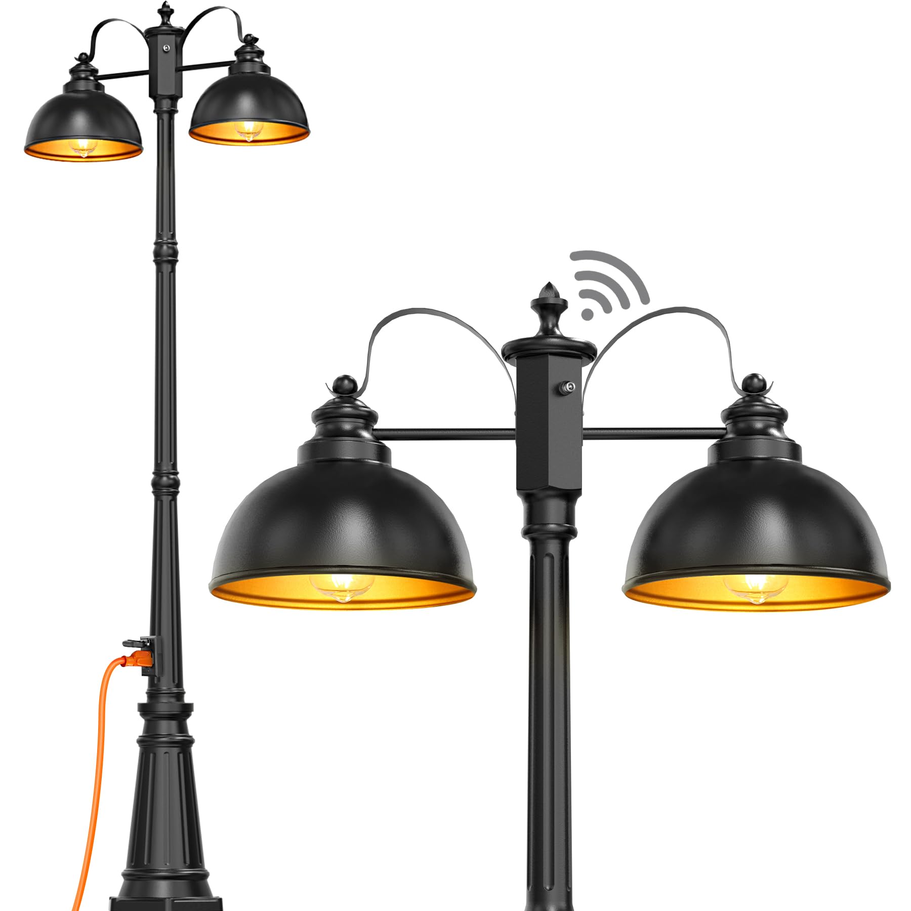 APOTO Dusk to Dawn Outdoor Lamp Post Lights with GFCI Outlet - Double Head Farmhouse Street Light Fixture - Black Aluminum Waterproof Lantern for Garden, Patio, Driveway & Walkway Lighting - Weatherproof Exterior Pole Lights for All Night Illumination
