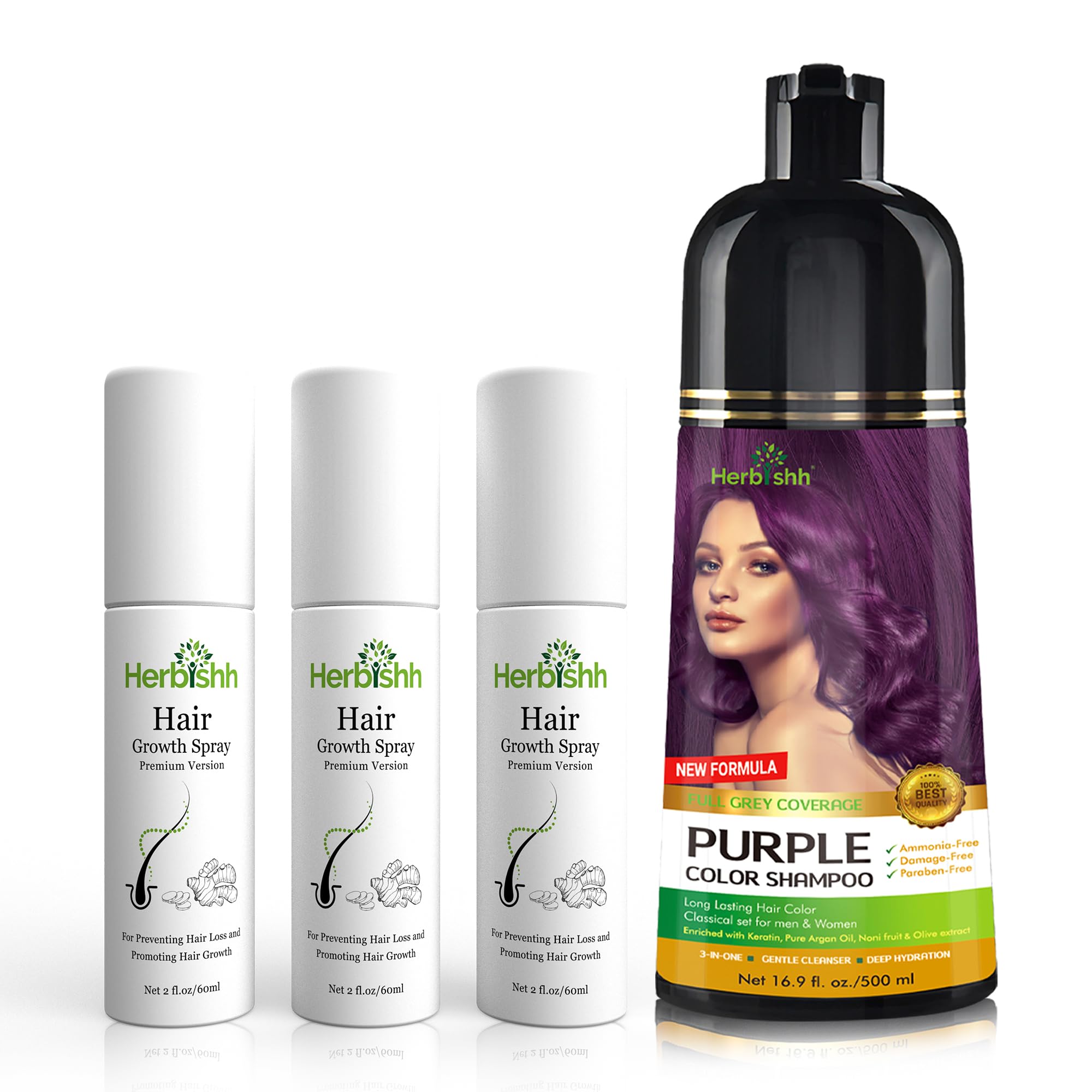 Herbishh Purple Hair Color Shampoo for Gray Hair - 500ml with Hair Thickening Serum Trio | Vegan, Lightweight Formula | Covers Grays & Adds Volume | Perfect for Home Hair Care & Salon-Quality Results