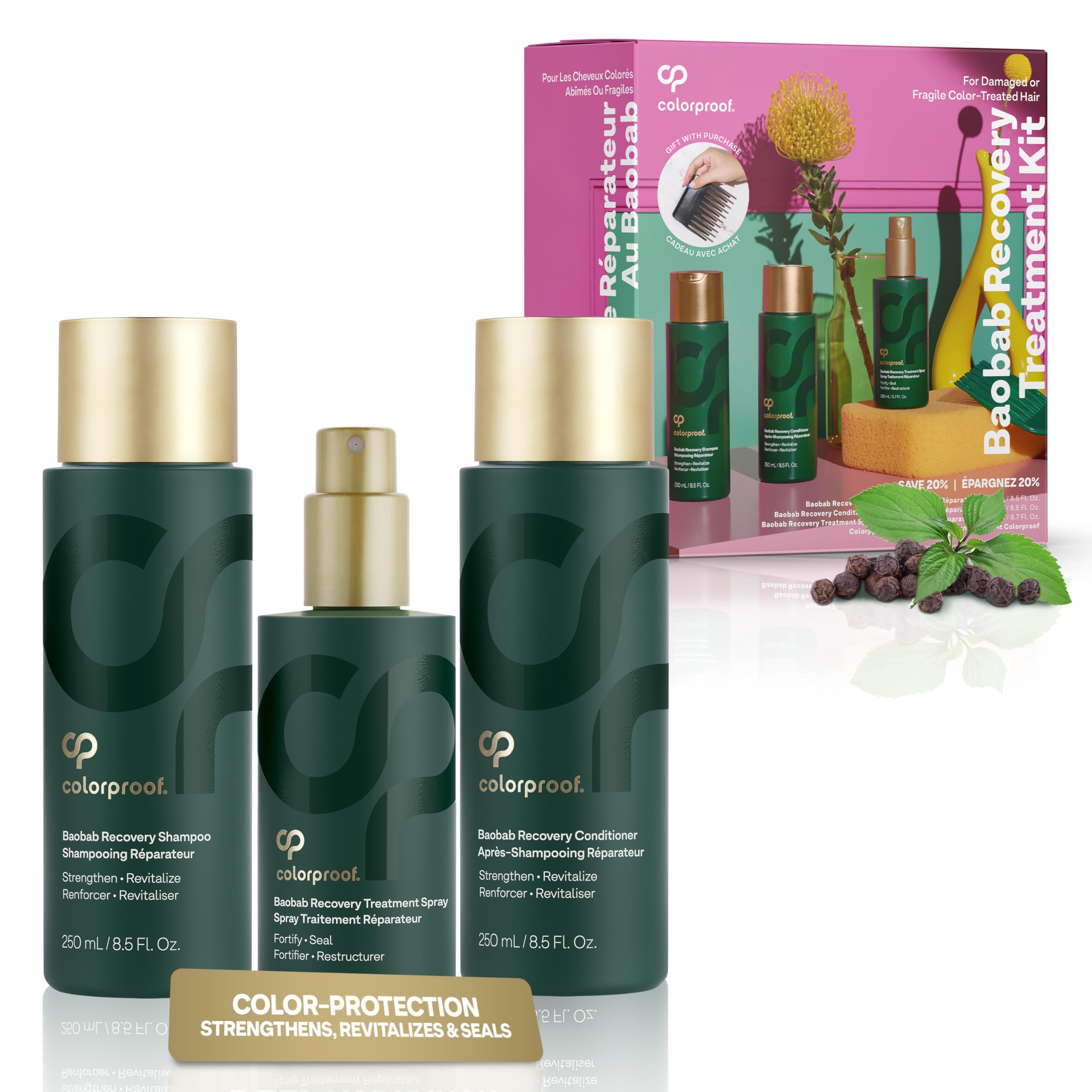 ColorProof Baobab Recovery Hair Kit - Repairing Shampoo & Conditioner Set (8.5 Fl Oz) with Hair Treatment Spray (6.7 Fl Oz) - Damaged Hair Repair & Color Protection for Dry, Brittle Hair - Perfect for Salon Treatments & Home Hair Care
