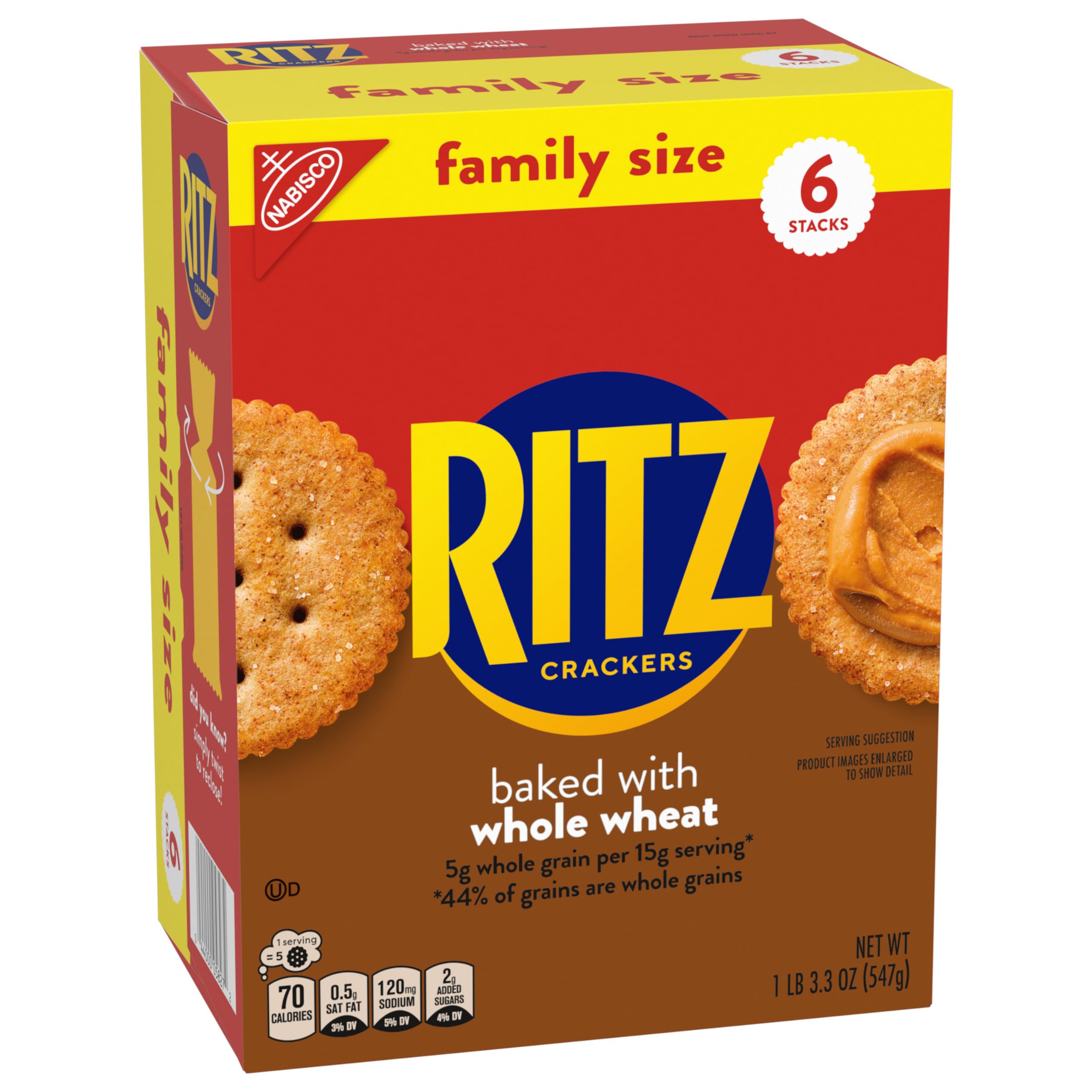 RITZ Whole Wheat Crackers - Healthy Snacks for Kids & Adults - Bulk Family Size (6-19.3 oz) - Perfect for School Lunches, Office Snacks & Picnics