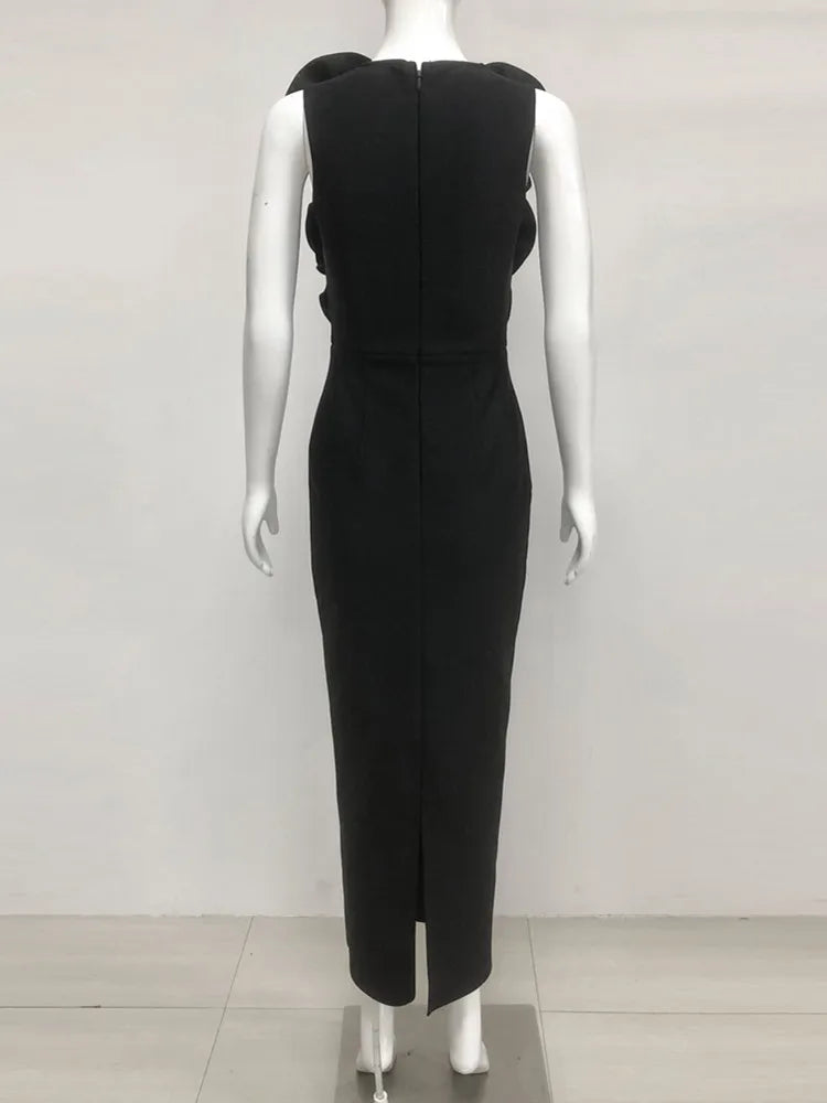 Elegant Black Deep V-Neck Floral Bandage Bodycon Maxi Dress for Women - Sexy Club Party & Evening Gown for 2025 | Perfect for Night Out, Date Night & Special Occasions