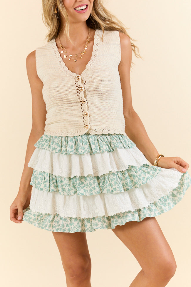 Best Memory Sage and Ivory Floral Tiered Ruffle Skort for Women - Summer Casual Skirt Shorts Combo - Perfect for Beach, Picnic & Vacation Outfits