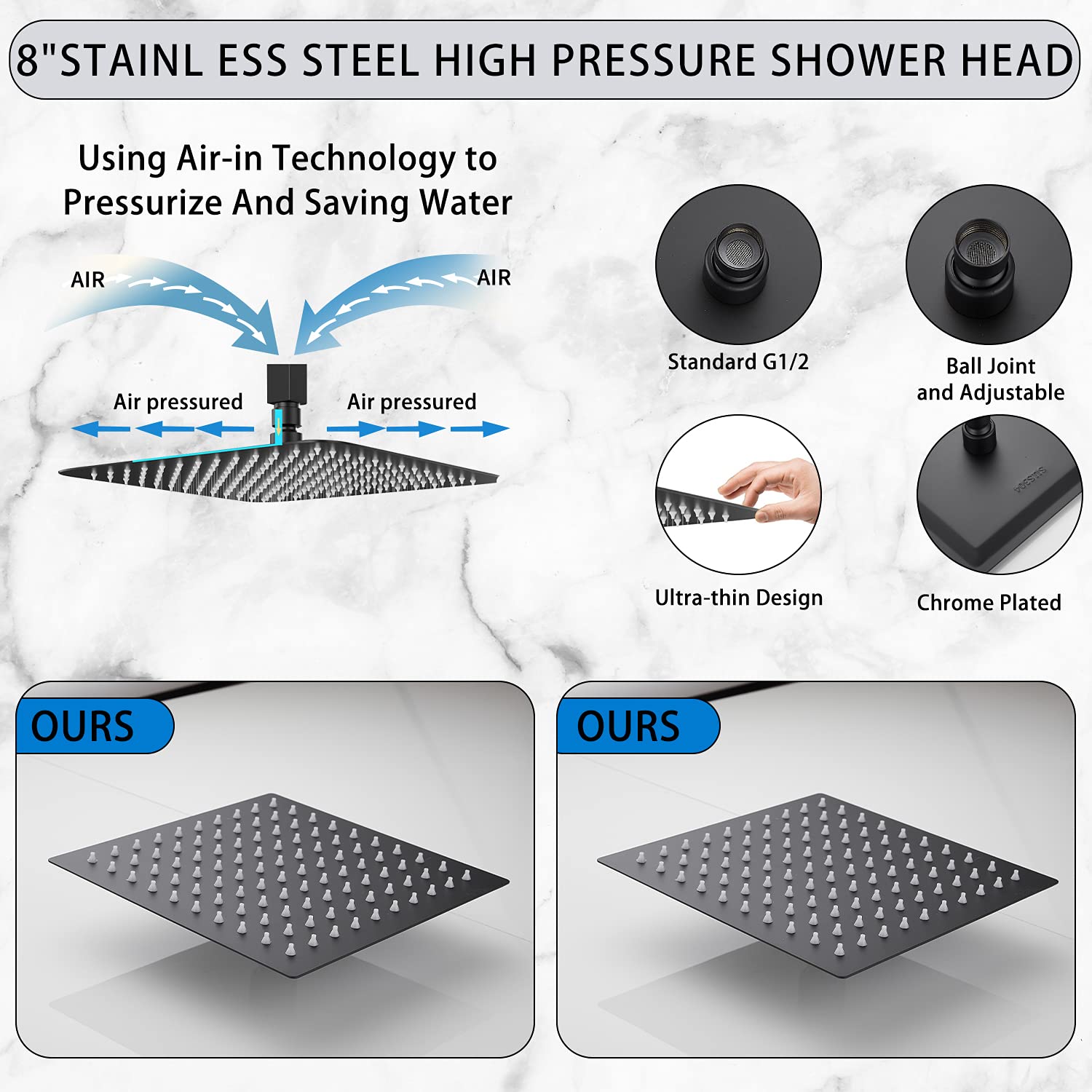 GGStudy 8 Inch Square Rain Shower Head - High Pressure Stainless Steel Rainfall Showerhead with Self-Cleaning Silicone Nozzles (Oil Rubbed Bronze/Black) - Perfect for Spa-Like Bathroom Experience & Water Saving