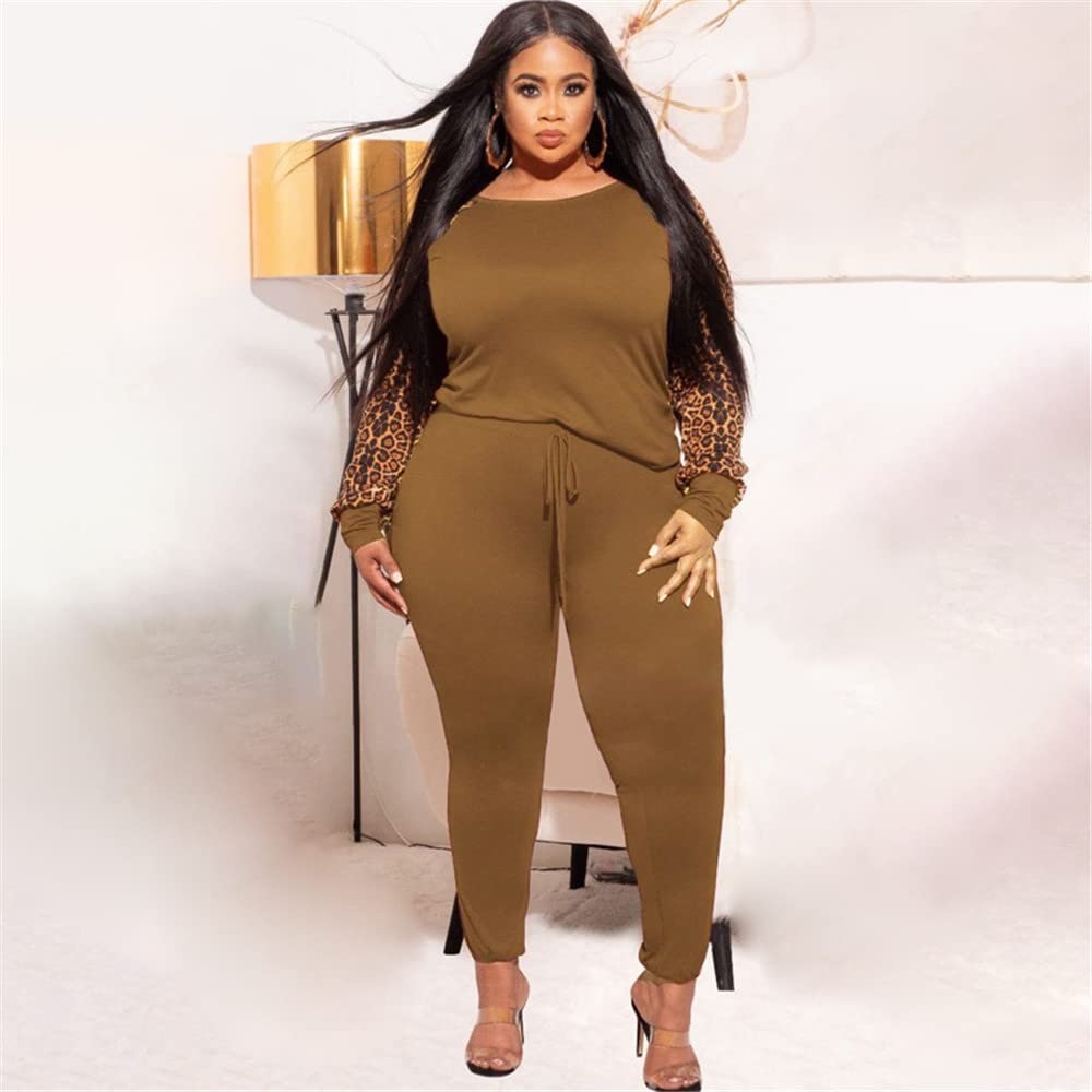 Women's Plus Size Leopard Print 2-Piece Sweatsuit Set - Comfortable Tracksuit with Top & Sweatpants for Lounge, Workout & Casual Wear