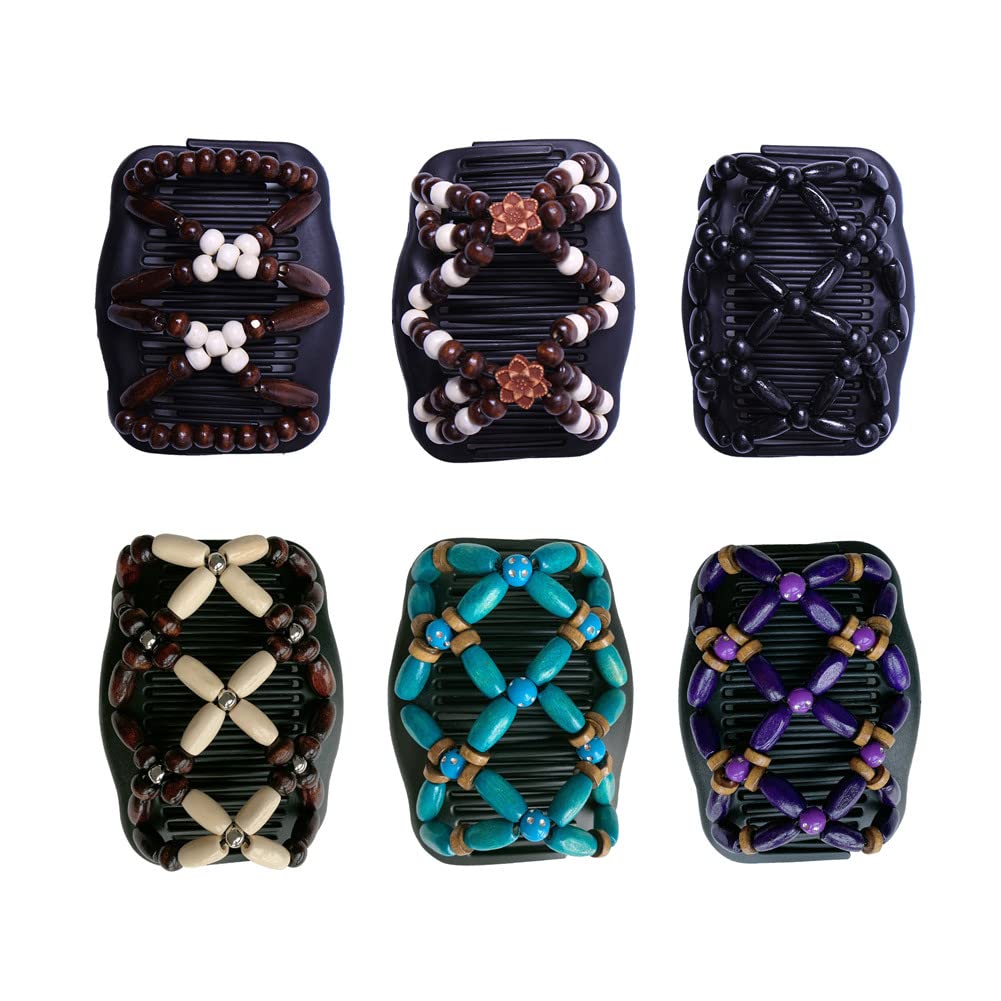 Wooden Beaded Stretch Double Side Combs for Women - Magic Hair Clips & Bun Maker Accessories (Pack of 6) - Perfect for Updos, Braids & Boho Hairstyles