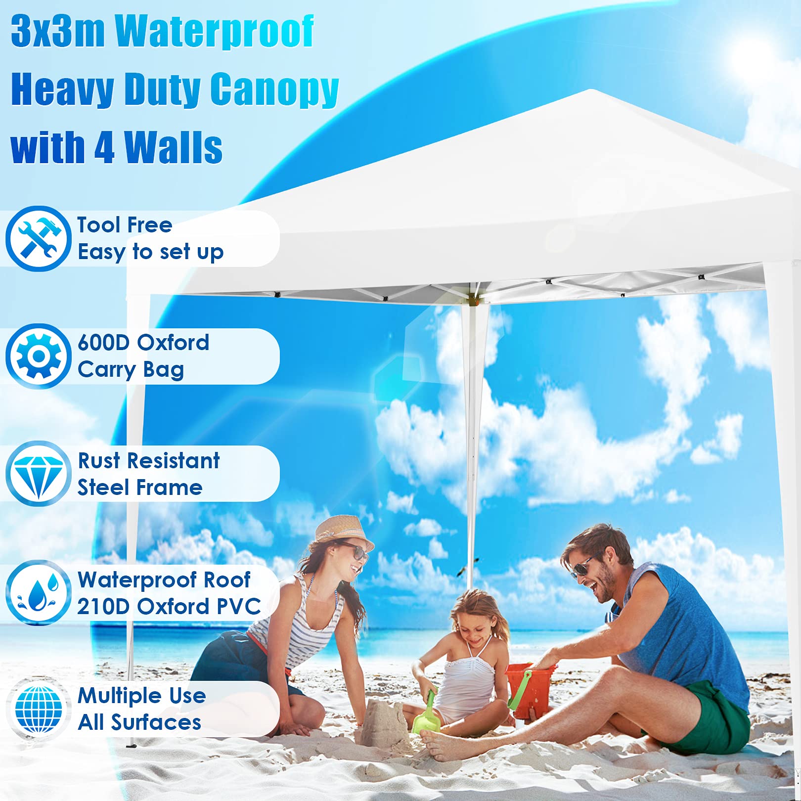COBIZI 10x10 Pop Up Canopy Tent with 4 Sidewalls - Waterproof Instant Shelter for Outdoor Events, Camping, Parties & Backyard Gatherings - Portable White Gazebo for Commercial Use & Picnics