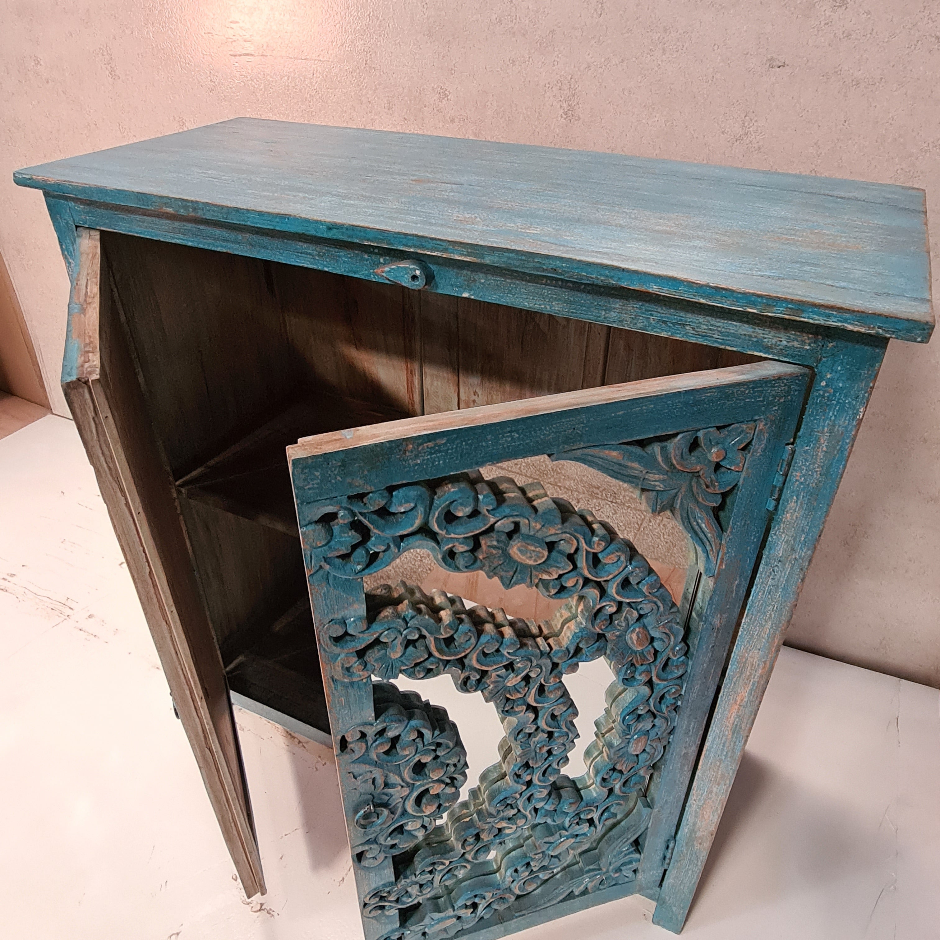 Handcrafted Indian Solid Hardwood Cabinet with Carved 2 Mirror Doors - Blue, 94x40x97cm - Perfect for Bedroom Storage, Living Room Decor & Traditional Home Furnishings