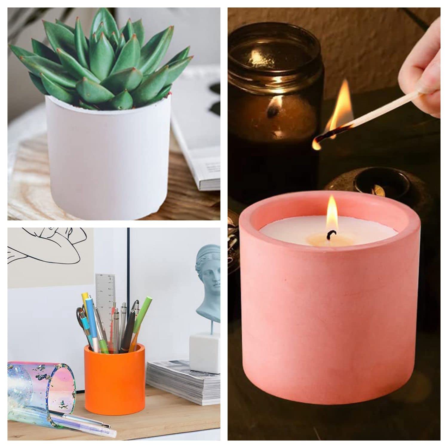 Premium Silicone Candle Jar Molds with Lids - Concrete Cylinder Candle Holder Molds for DIY Candle Making - Reusable Cement Vessel Molds for Home Decor & Gift Making (Perfect for Soy Wax, Beeswax Candles)