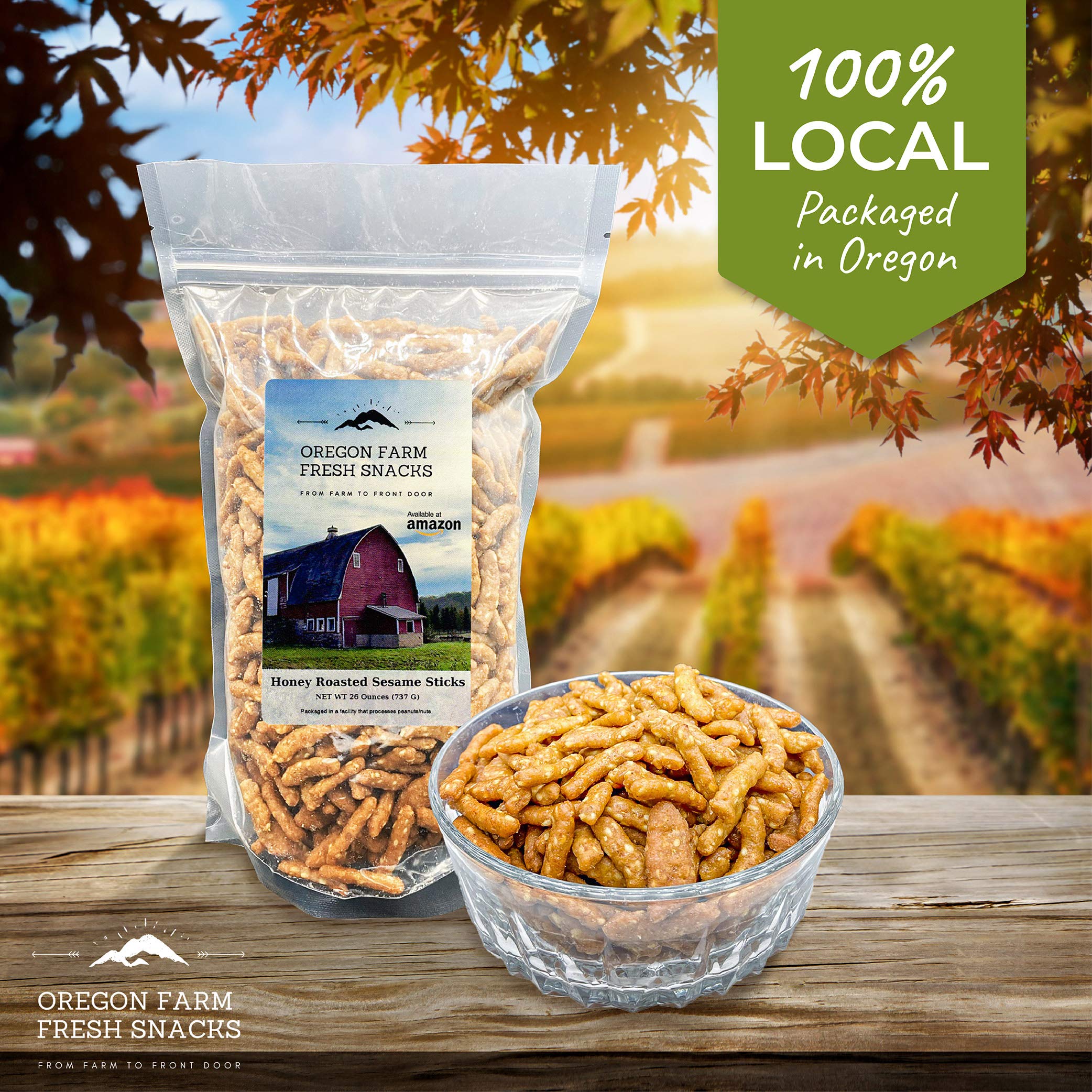 Oregon Farm Fresh Honey Roasted Sesame Sticks - 26oz Crunchy Sweet & Salty Snack - All Natural Gluten-Free Healthy Snacks for Office, Travel & Home - Perfect for Parties, Hiking & Movie Nights