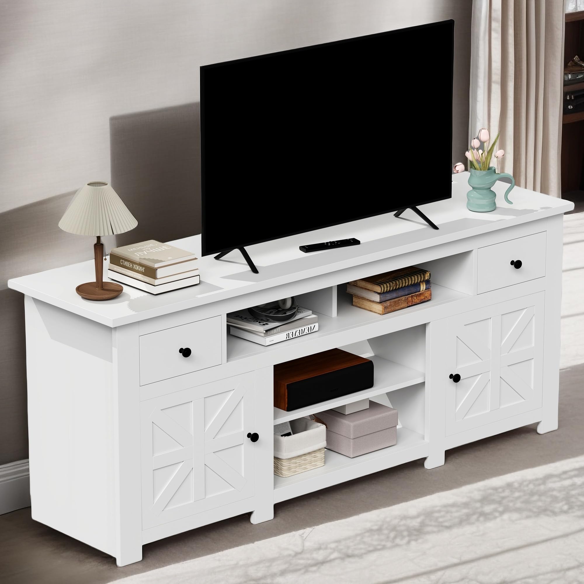 Rustic Farmhouse TV Stand for 75-80 Inch TVs - Entertainment Center with Storage Drawer & Built-in Power Outlet - White Media Console Furniture (70
