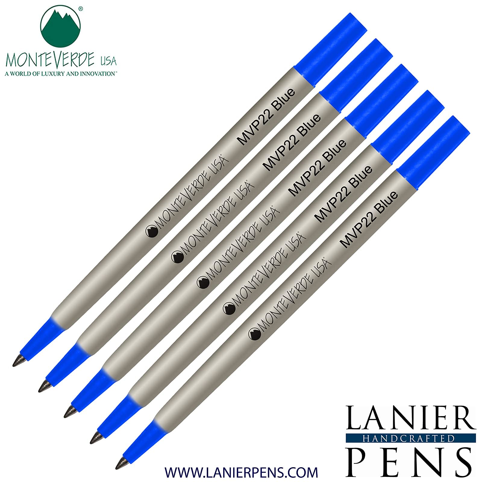Monteverde® P22 Rollerball Ink Refill 5-Pack - Compatible with Parker® Style Pens - Blue Fine Tip 0.6mm - Perfect for Office, School & Everyday Writing Needs