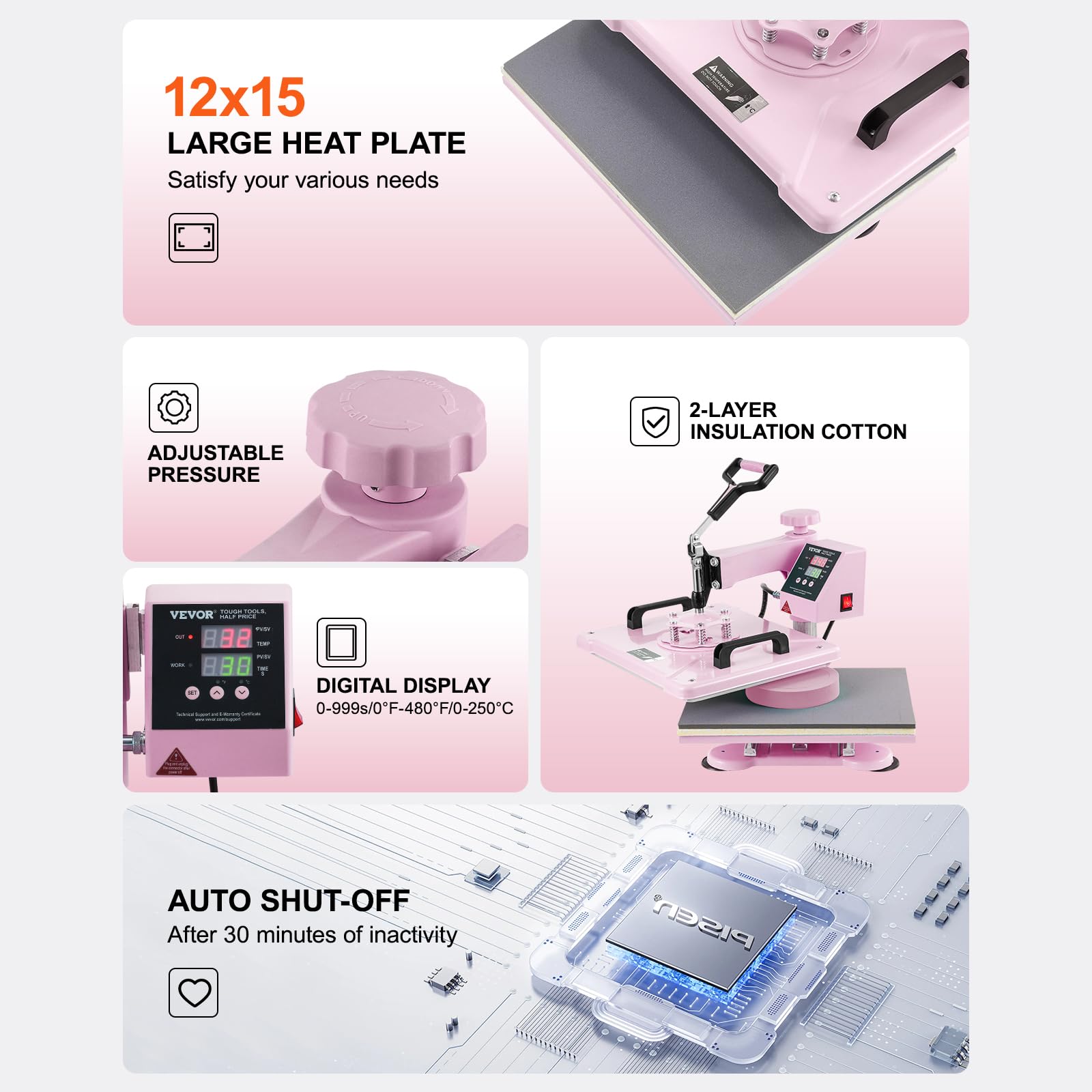 VEVOR 5 in 1 Heat Press Machine Combo with 30oz Tumbler Press & Hat Press, 12x15 Inch Sublimation Heat Press for T-Shirts, Hats, Caps, Tumblers, Mugs, Plates - Perfect for DIY Crafts, Custom Apparel & Small Business (Pink)