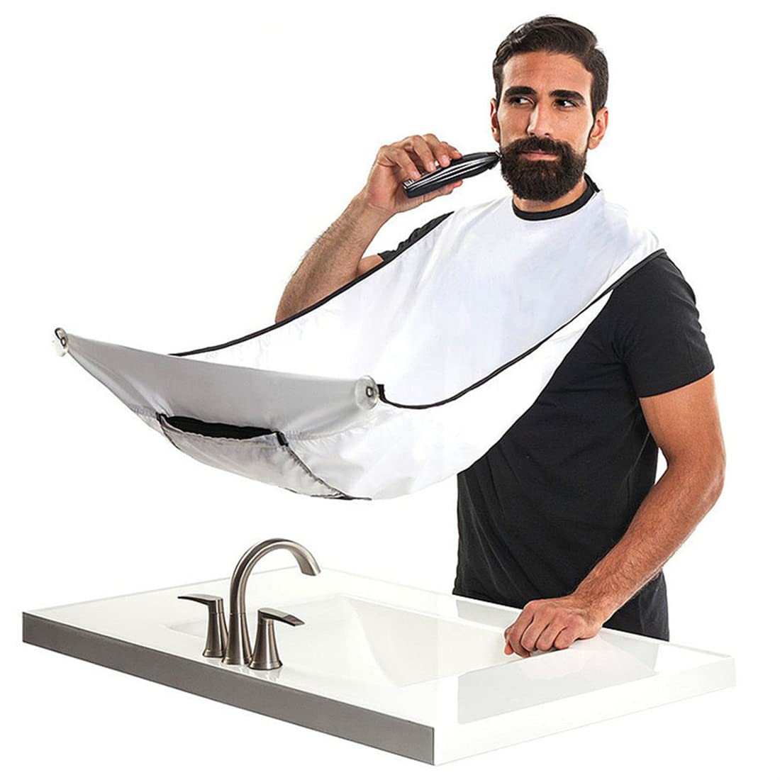 SAIJINZHI Men's Beard Shaving Apron - Waterproof Barber Cape for Beard Trimming & Grooming - Hair Catcher Bib with Pocket for Shaving Accessories - Bathroom Organizer for Men (White) | Perfect for Home Barbering, Salon Use & Travel Grooming Kit