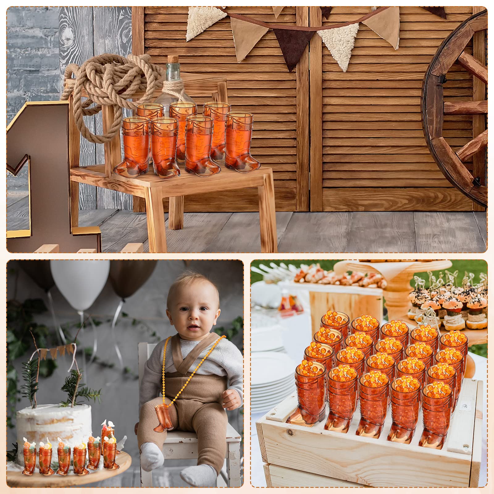 48 Pcs Plastic Cowgirl Shot Glass Necklace - Beaded Boot Shooter Cups for Bachelorette Parties, Weddings & Carnival Events - Fun Bridal Shower, Birthday & Western Theme Party Supplies (Transparent Brown) - Perfect for Country Bars, Themed Celebrations & Group Drinking Games