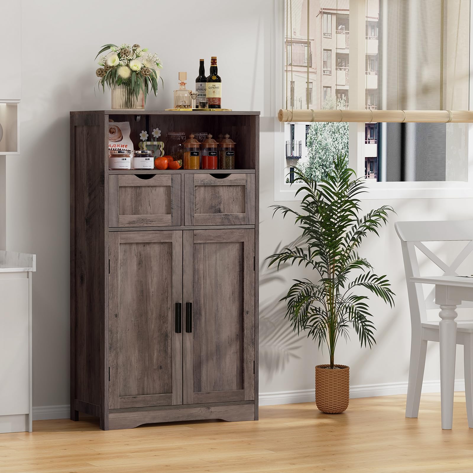 Iwell Adjustable Storage Cabinet with Doors - Bathroom, Kitchen Pantry & Living Room Organizer, Dark Gray Home Office Cupboard | Perfect for Bath Essentials, Food Storage & Home Organization
