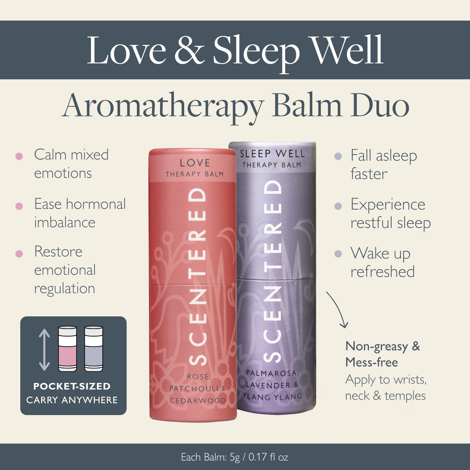 Scentered Aromatherapy Balm Stick Duo for Sleep & Stress Relief - Roll-On Essential Oil Blends with Rose, Lavender & Ylang Ylang - Natural Relaxation Gift for Women - Perfect for Bedtime, Travel & Self-Care Moments