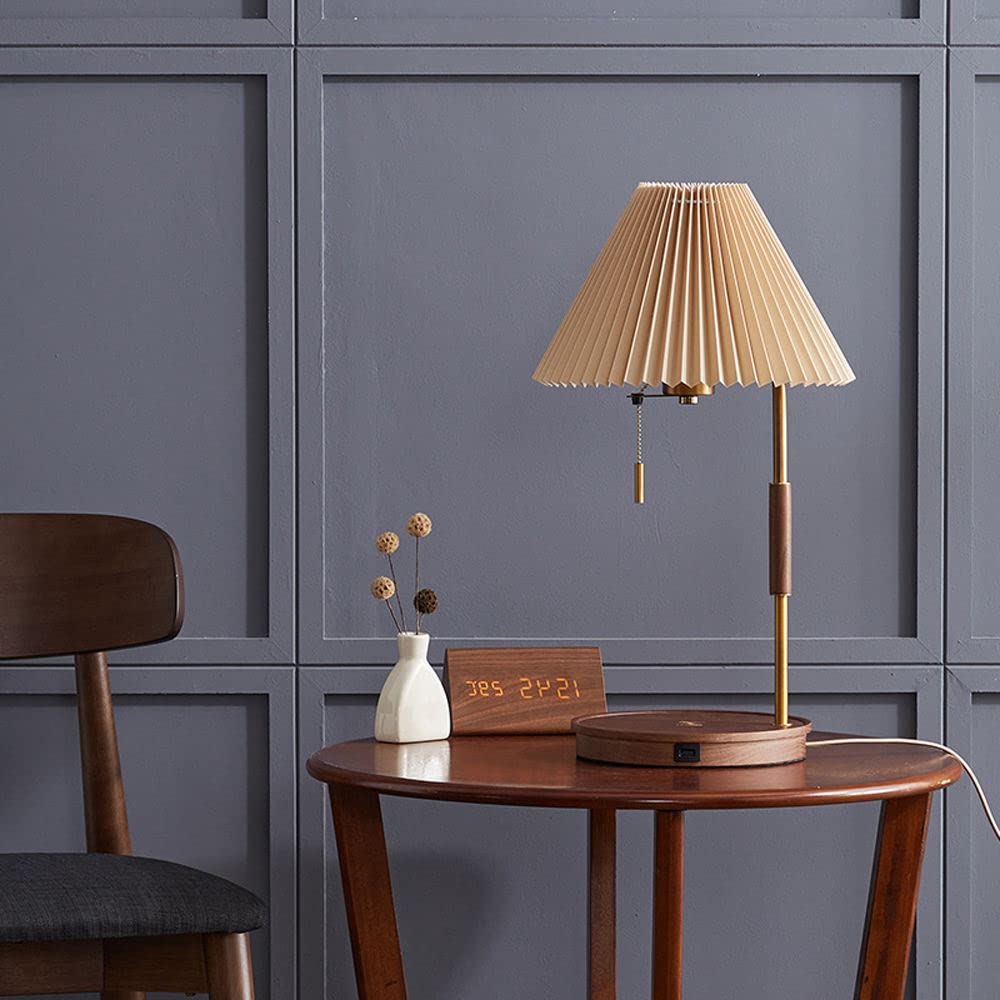 Wireless Charging Desk Lamp with Pleated Fabric Shade - Solid Wood Night Light for Bedroom, Office & Study | USB-C Fast Charging, Adjustable Brightness, Modern Home Decor Lighting