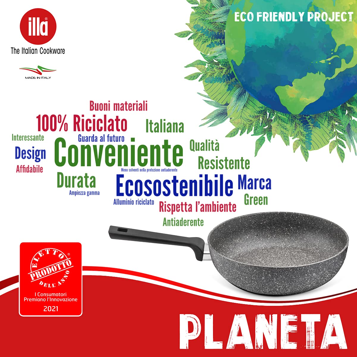 Non-Stick ILLA Planeta Wok 28cm - Induction Compatible, 100% Recycled Aluminum, Made in Italy - Perfect for Stir-Fry, Sauteing & Asian Cooking