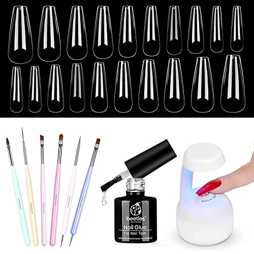 Beetles Professional Nail Art Brush Set with 500Pcs Coffin Nails & UV Lamp - 2 in 1 Nail Gel & Base Gel Kit for DIY Nail Extensions | Perfect for Home Manicures, Salon Professionals & Nail Art Enthusiasts
